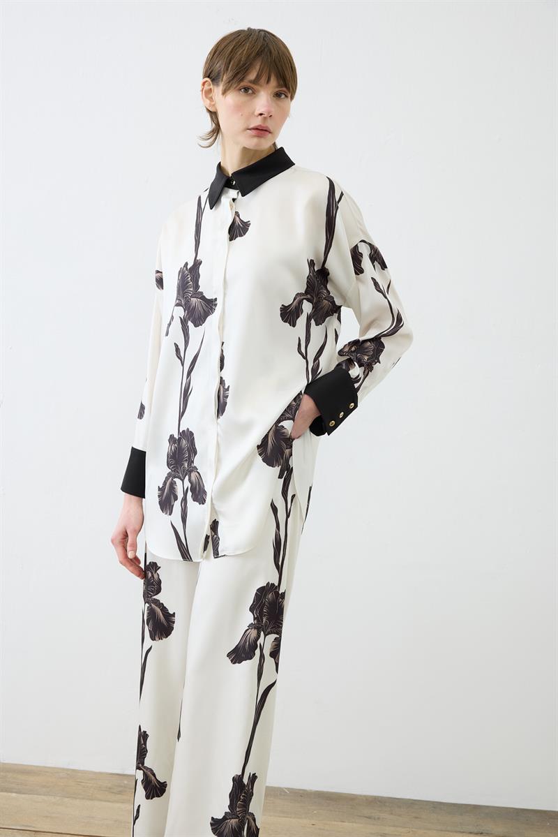 LILY PATTERNED TWILL PANTS SET BLACK–BEIGE