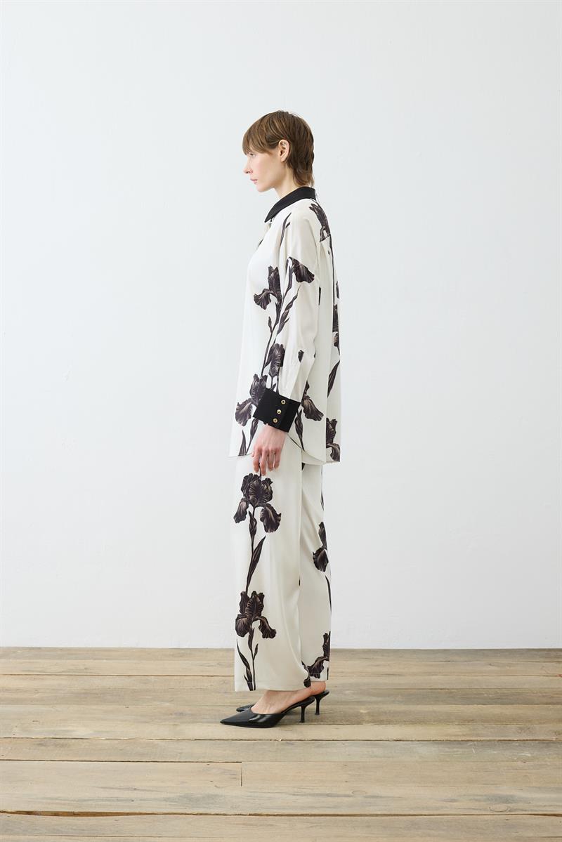 LILY PATTERNED TWILL PANTS SET BLACK–BEIGE