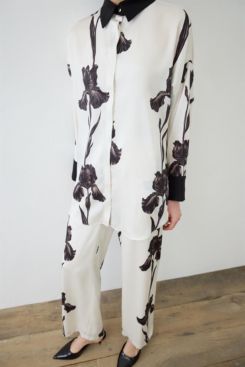 LILY PATTERNED TWILL PANTS SET BLACK–BEIGE