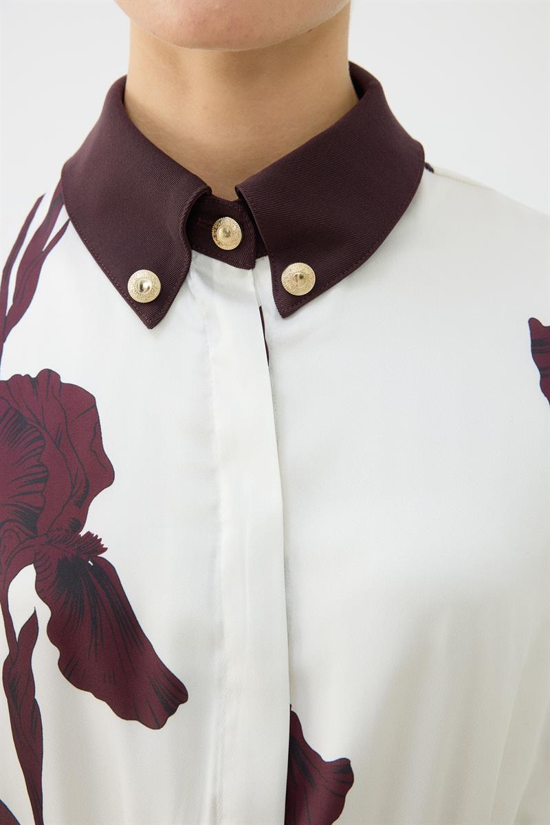 LILY PATTERNED COLLAR DETAILED TWILL DRESS BURGUNDY–STONE