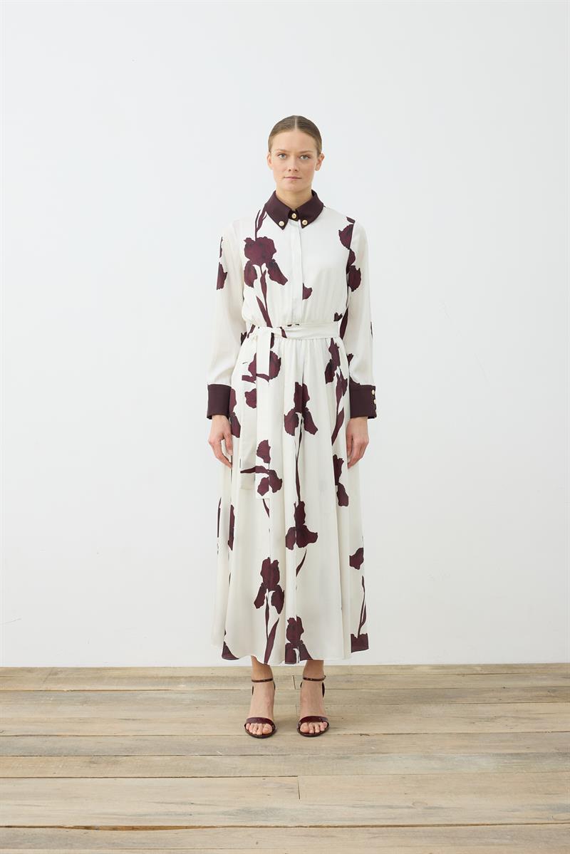 LILY PATTERNED COLLAR DETAILED TWILL DRESS BURGUNDY–STONE
