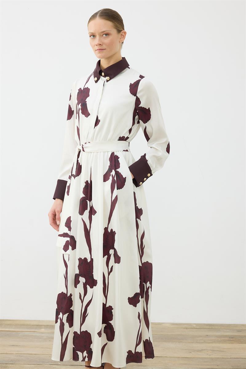 LILY PATTERNED COLLAR DETAILED TWILL DRESS BURGUNDY–STONE