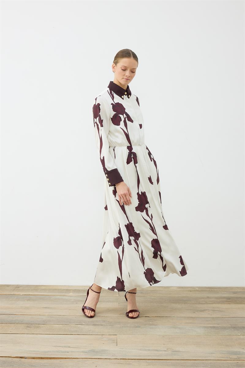 LILY PATTERNED COLLAR DETAILED TWILL DRESS BURGUNDY–STONE