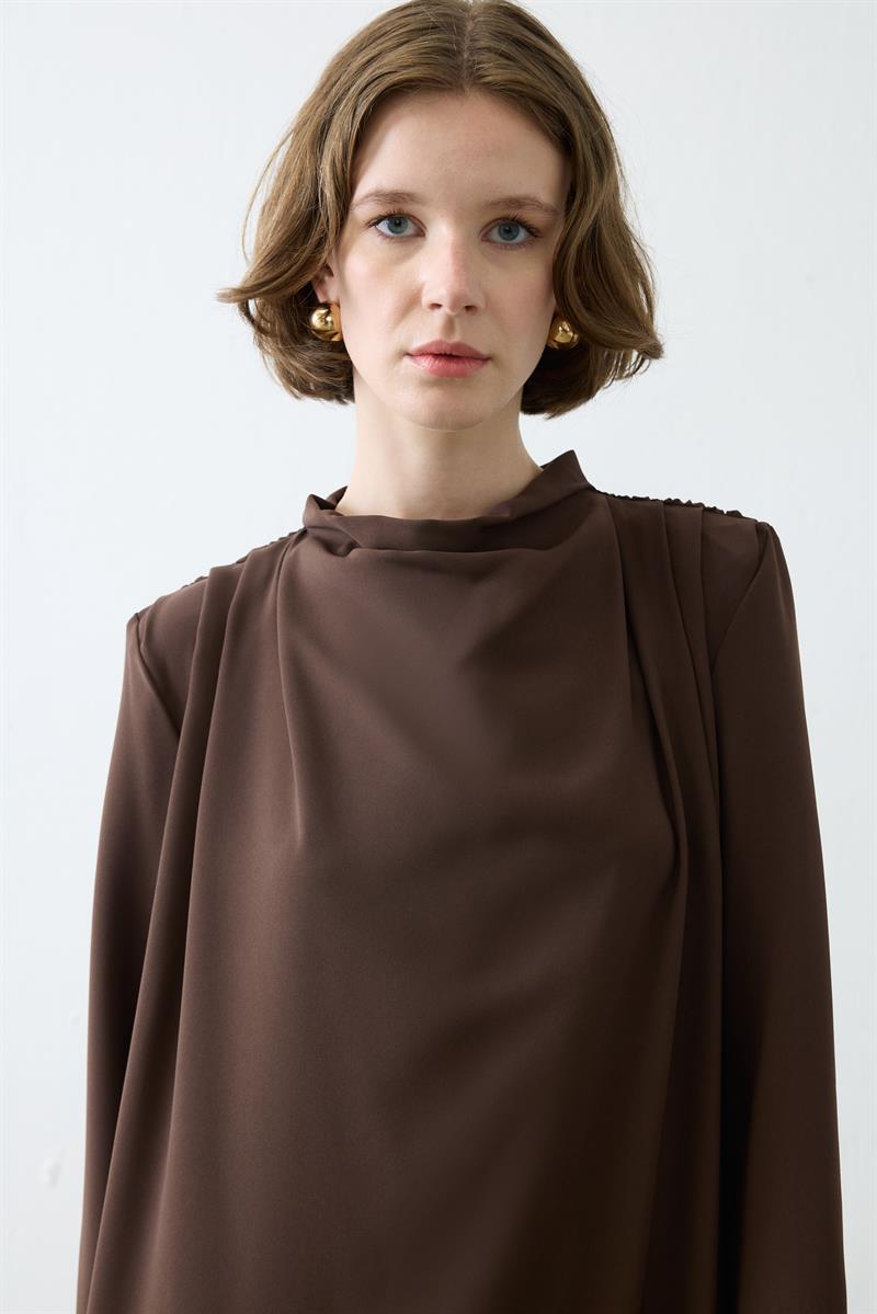 ZARİF KREP ELBİSE KAHVE