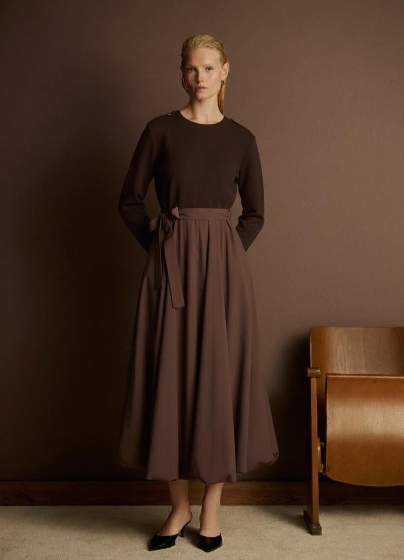 BELLA BALON ETEK DETAYLI ELBİSE KAHVE