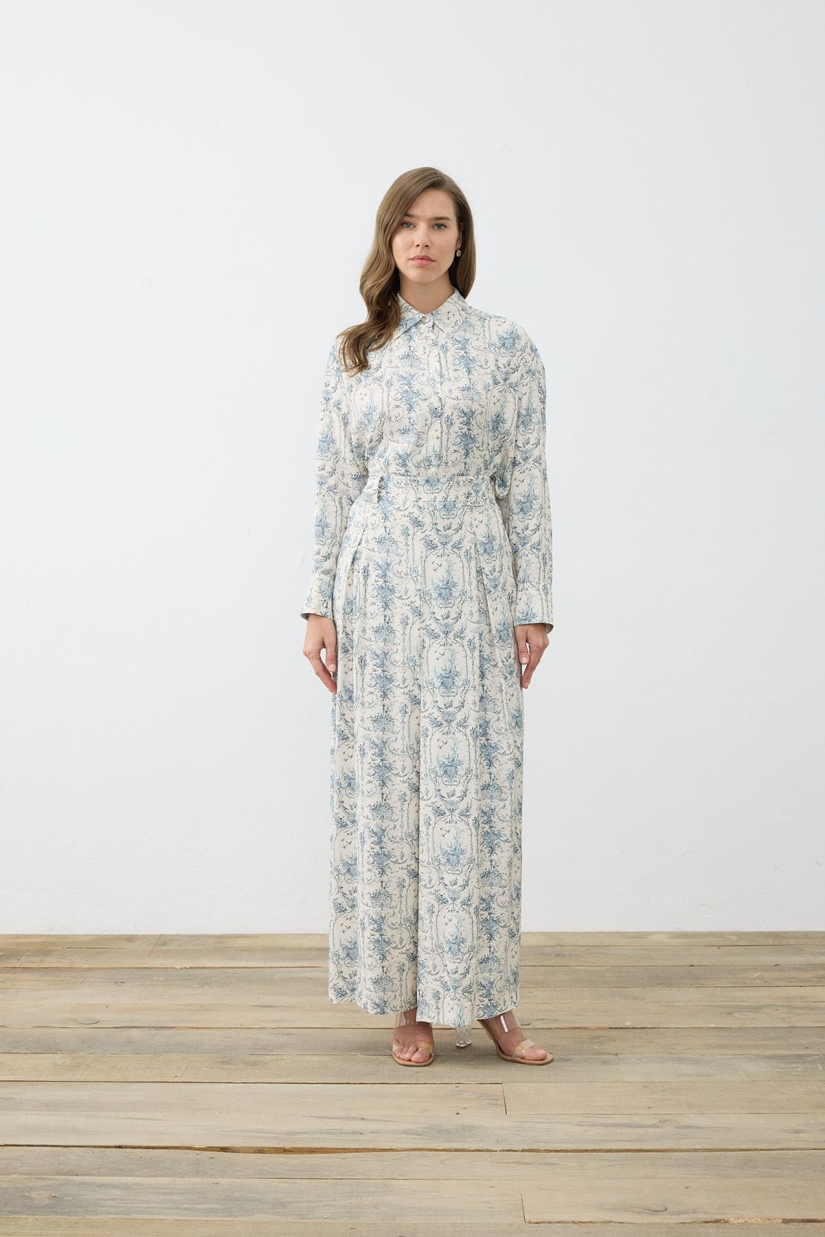 BLANC DESENLİ RAYON VİSKON PİLELİ PANTOLONLU TAKIM BEBE MAVİ