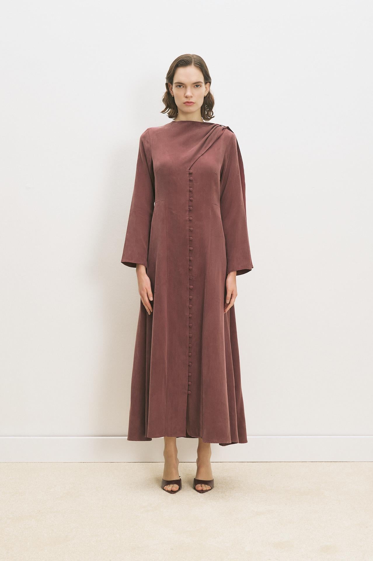 DANTE LYOCELL ŞAL DETAYLI BRİTLİ ELBİSE BORDO