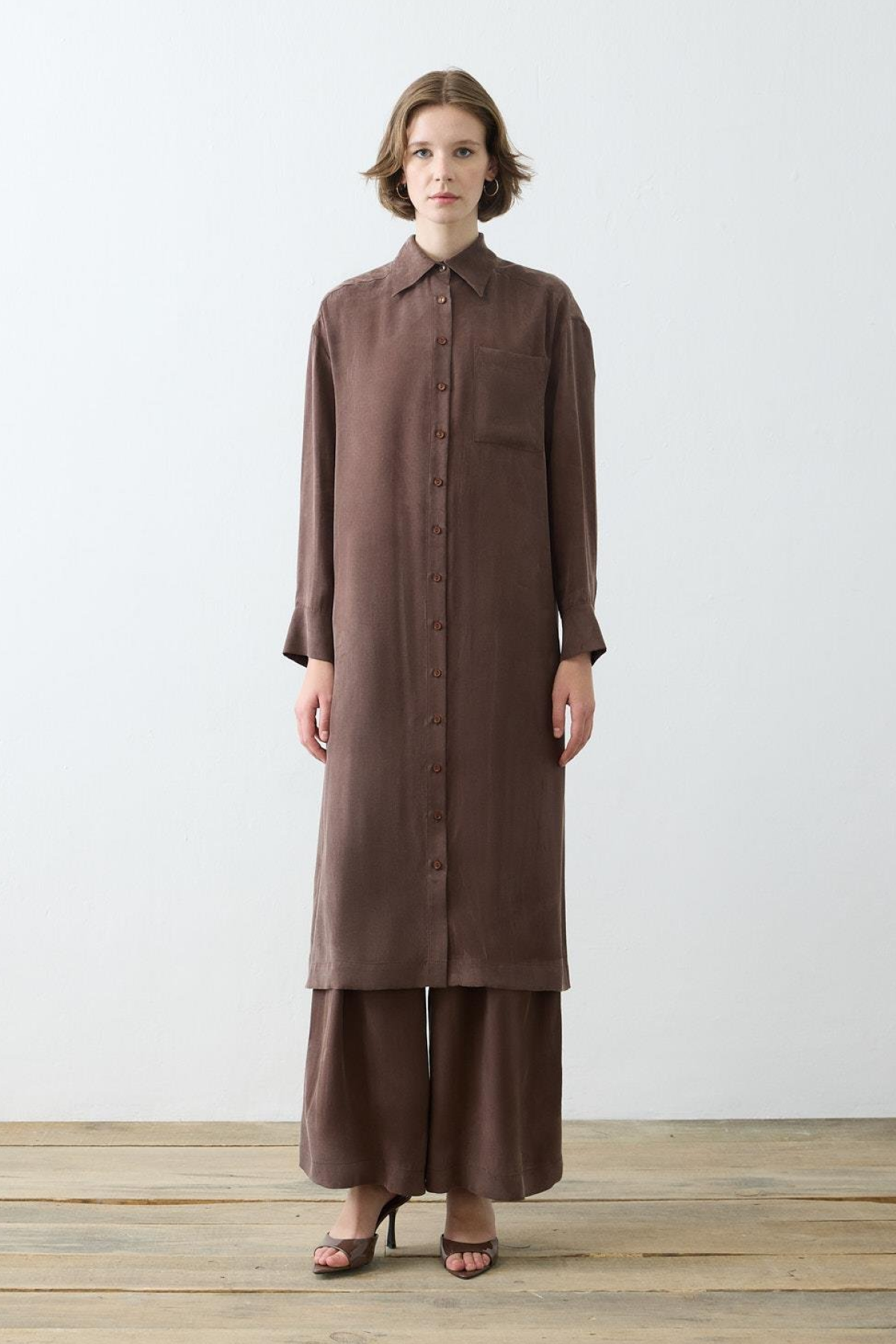 GLORIA WASHED SILK LONG SHIRT PANTS SET BROWN