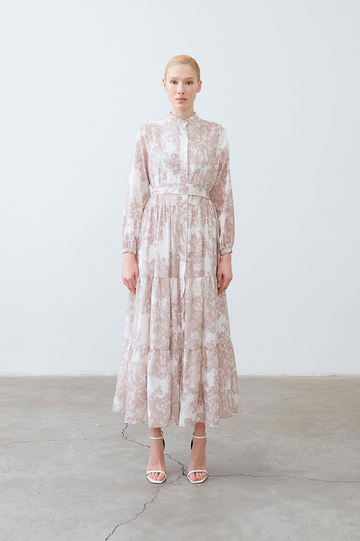 LADY PATTERNED LINEN LAYERED DRESS MINK
