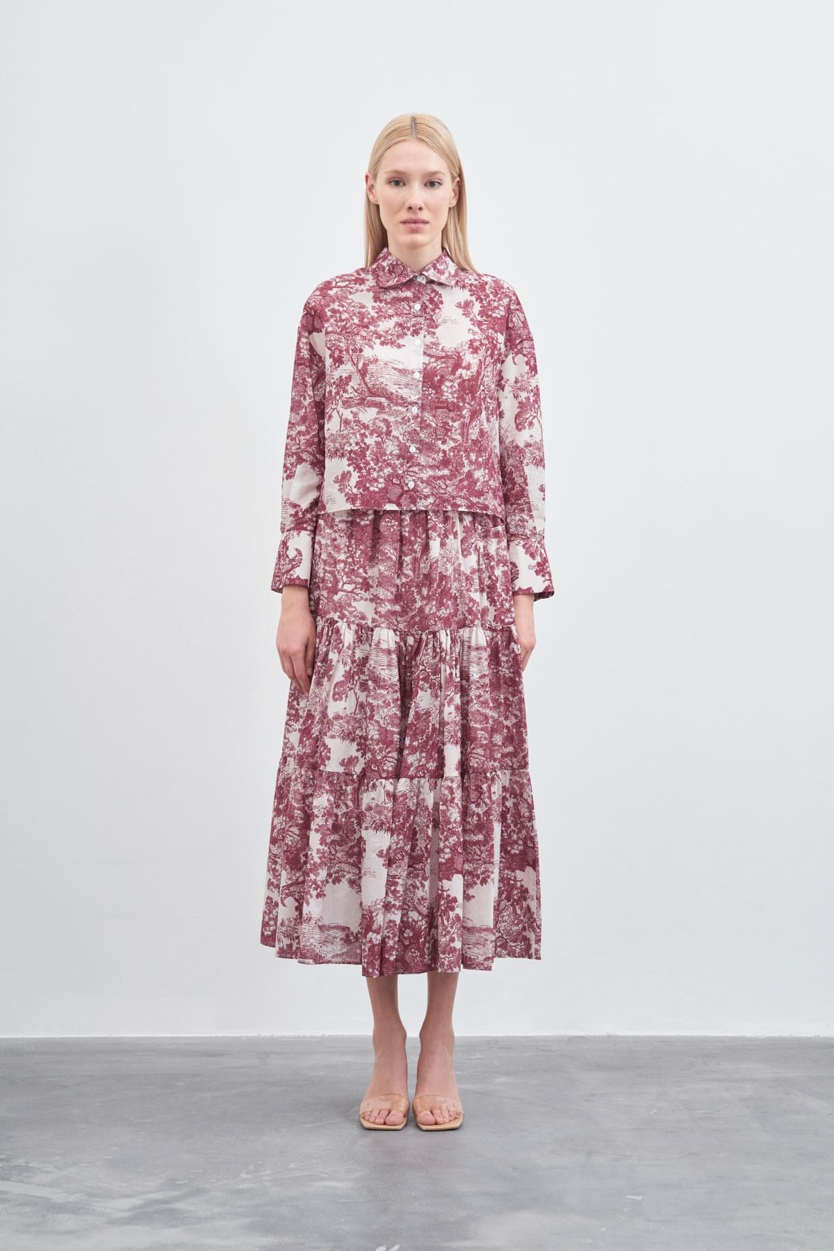 LADY PATTERNED VOUL SKIRT SUIT MAROON