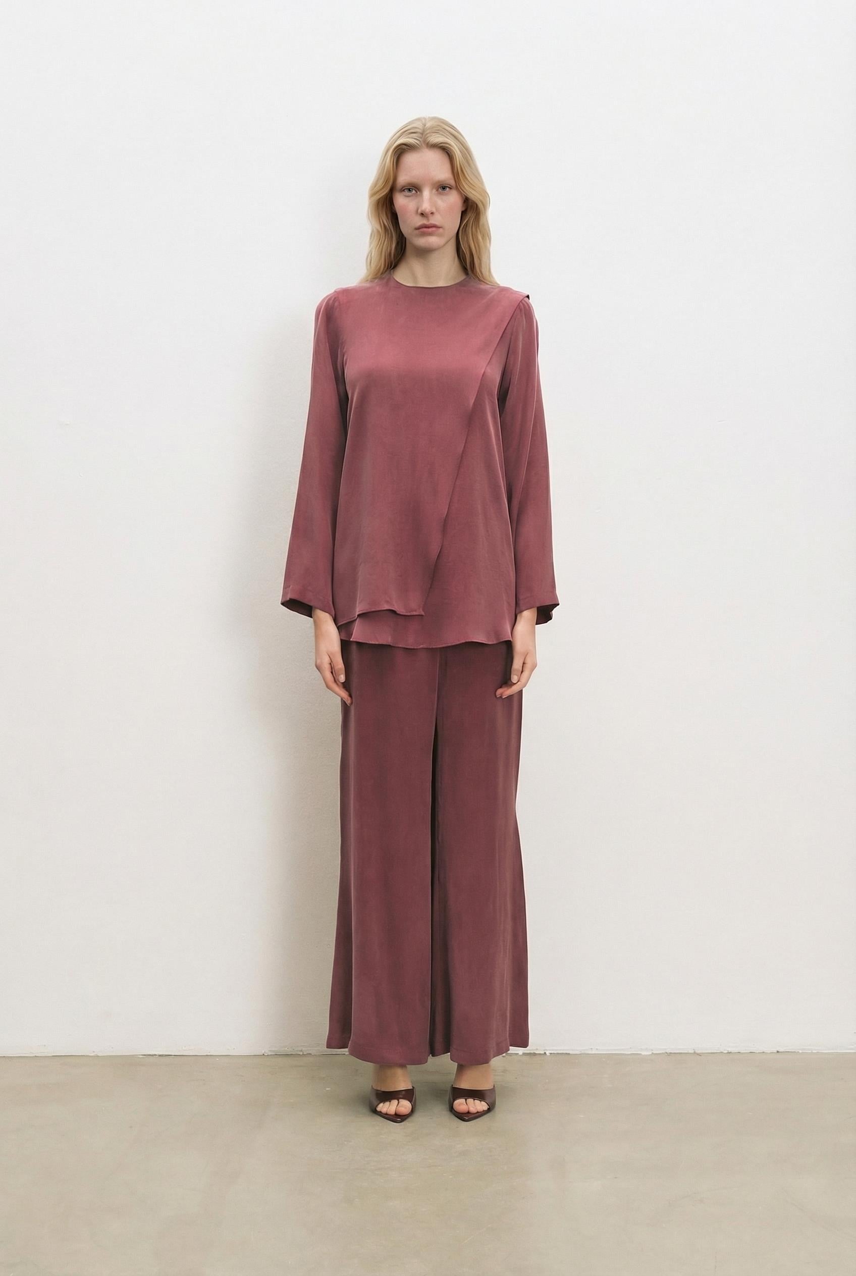 MASTER TAŞLANMIŞ İPEK ŞAL DETAYLI PANTOLONLU TAKIM BORDO