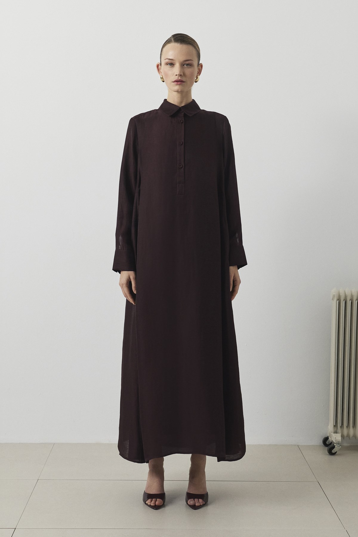 MAYA LYOCELL KETEN BOL KESİM ELBİSE BORDO