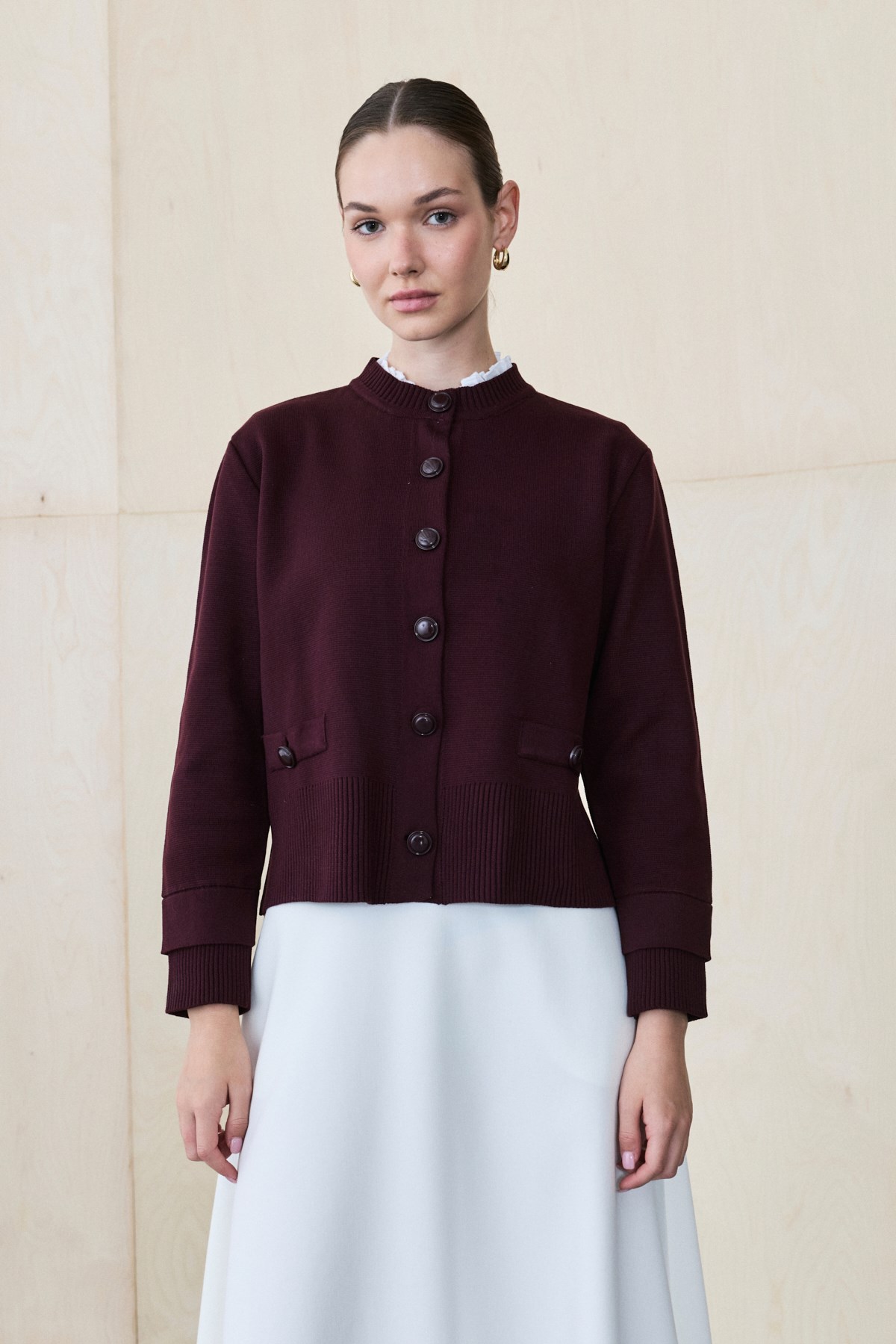 MEVA SHIRT COLLAR KNIT CARDIGAN BURGUNDY