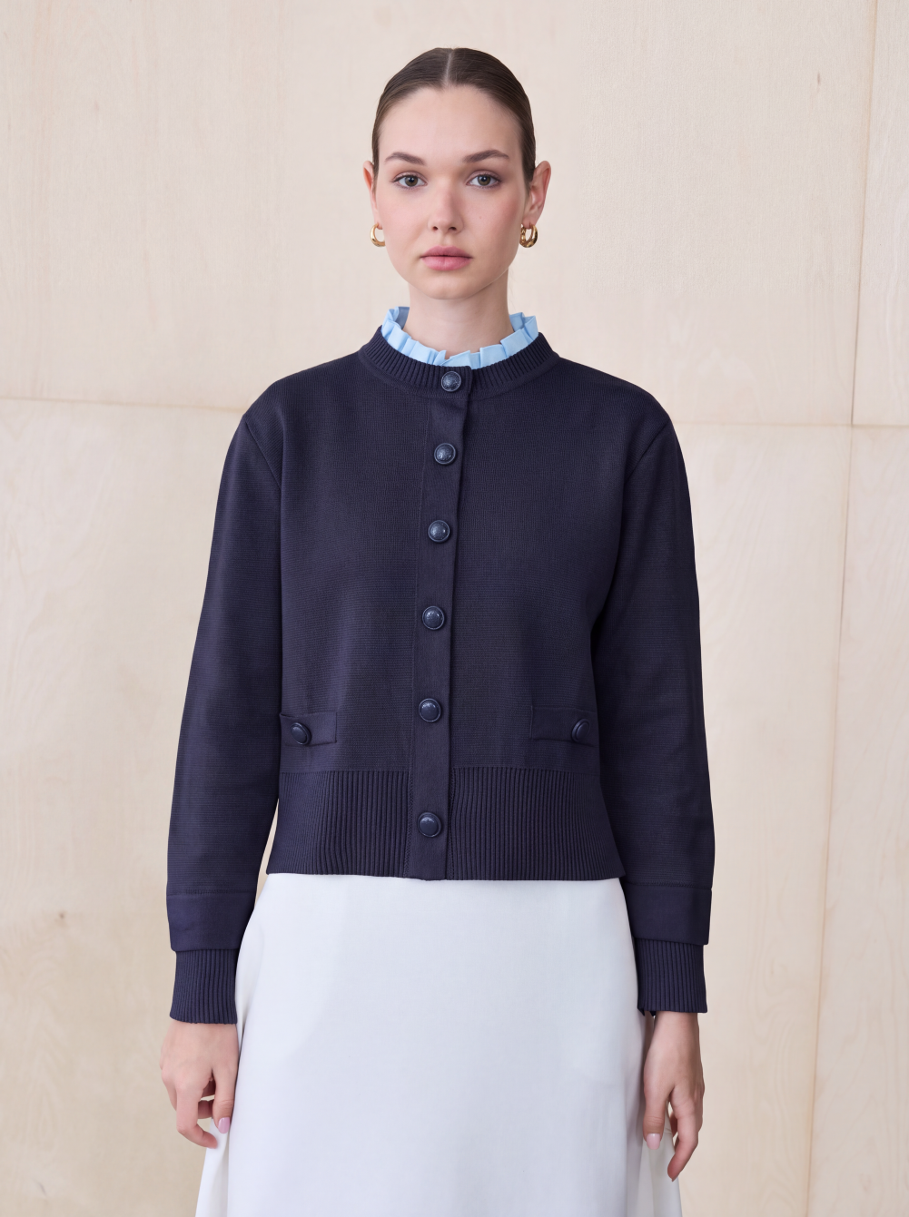 MEVA SHIRT COLLAR KNIT CARDIGAN NAVY BLUE