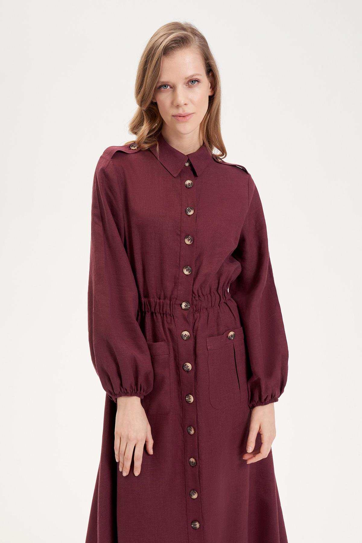 MİORİ LOREN %100 KETEN ELBİSE BORDO