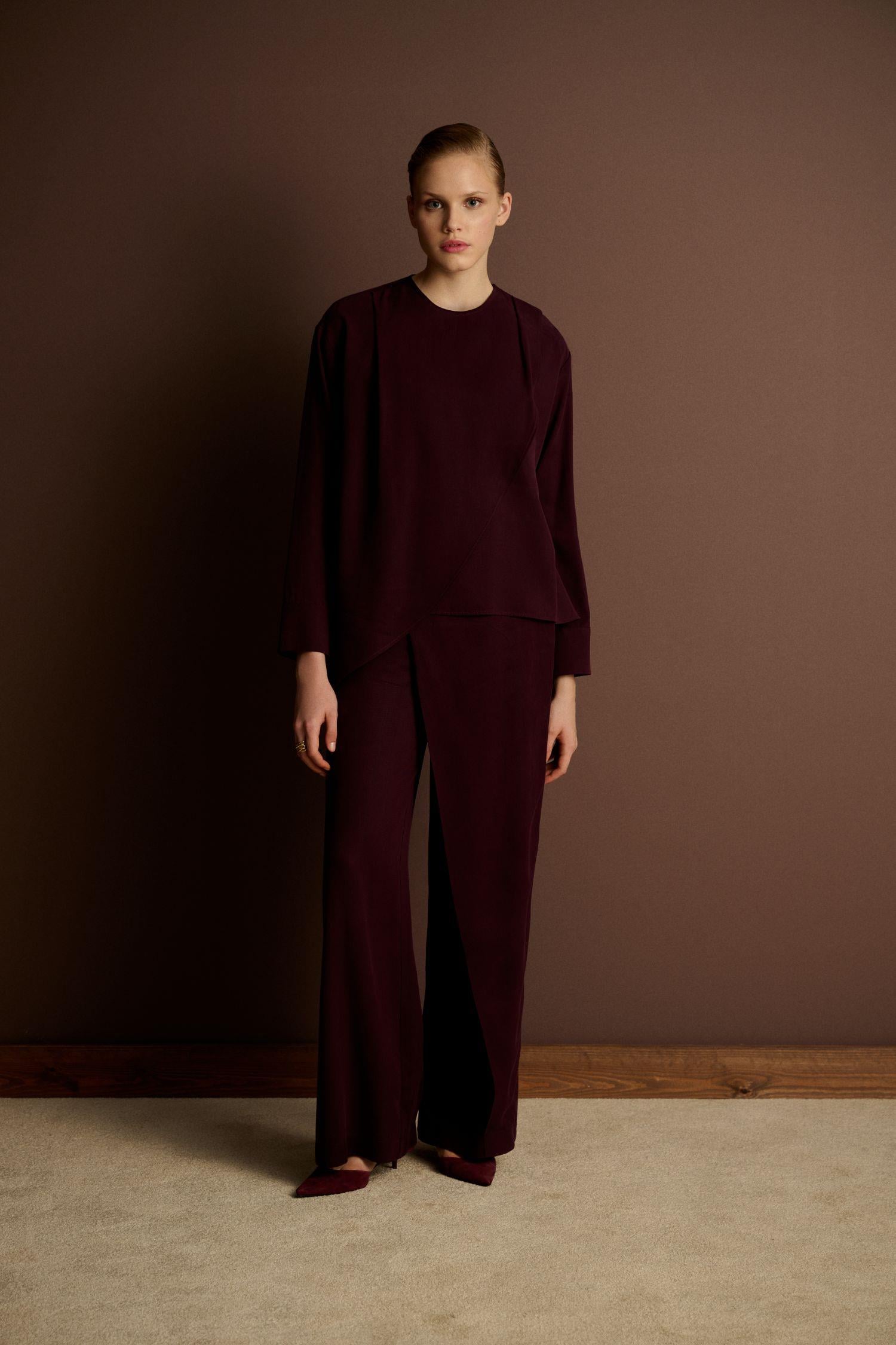 MİORİ VOGUE TENSEL PANTOLONLU TAKIM BORDO