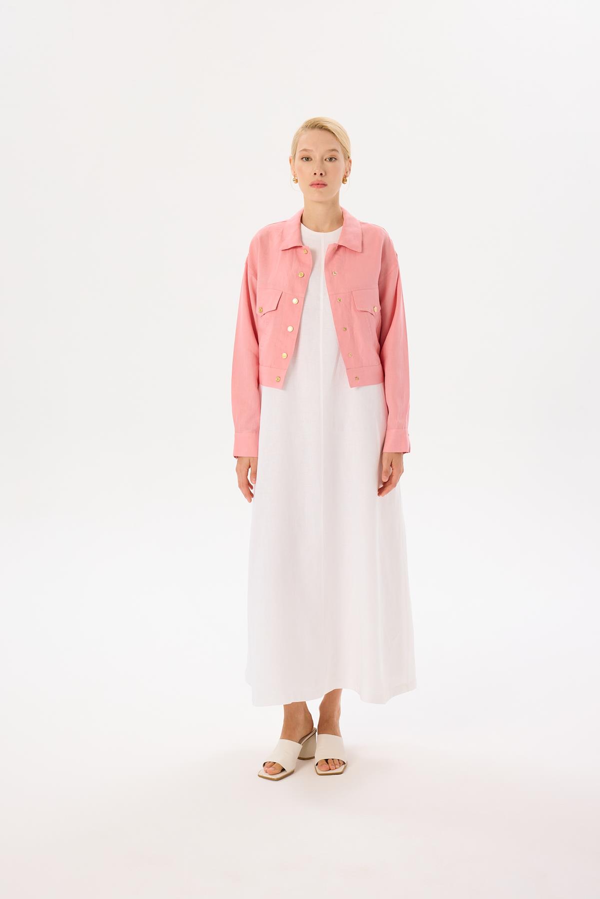 NATURAL %100 KETEN KISA CEKET PEMBE