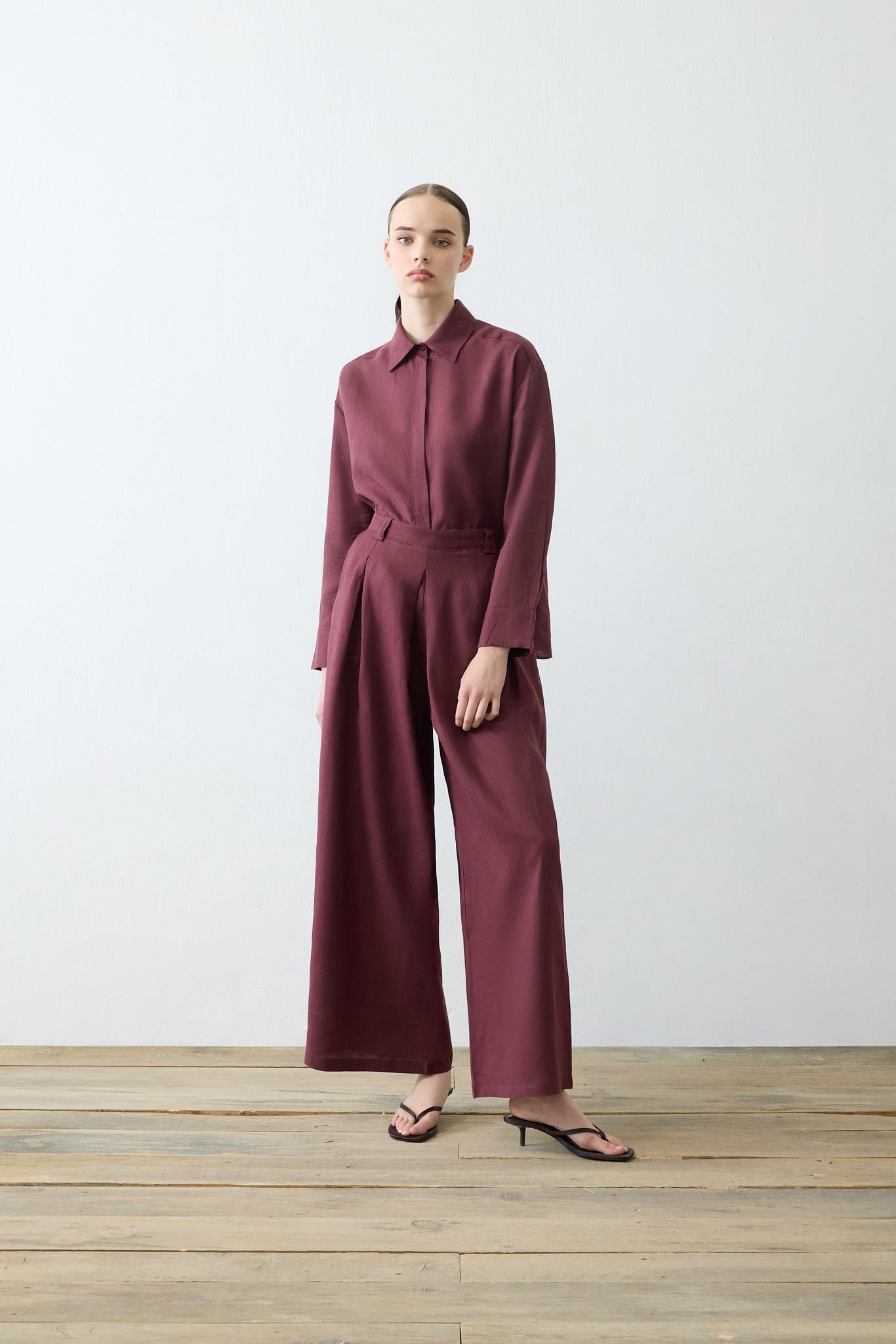 NATURAL %100 KETEN PİLE DETAYLI PANTOLON TAKIM BORDO