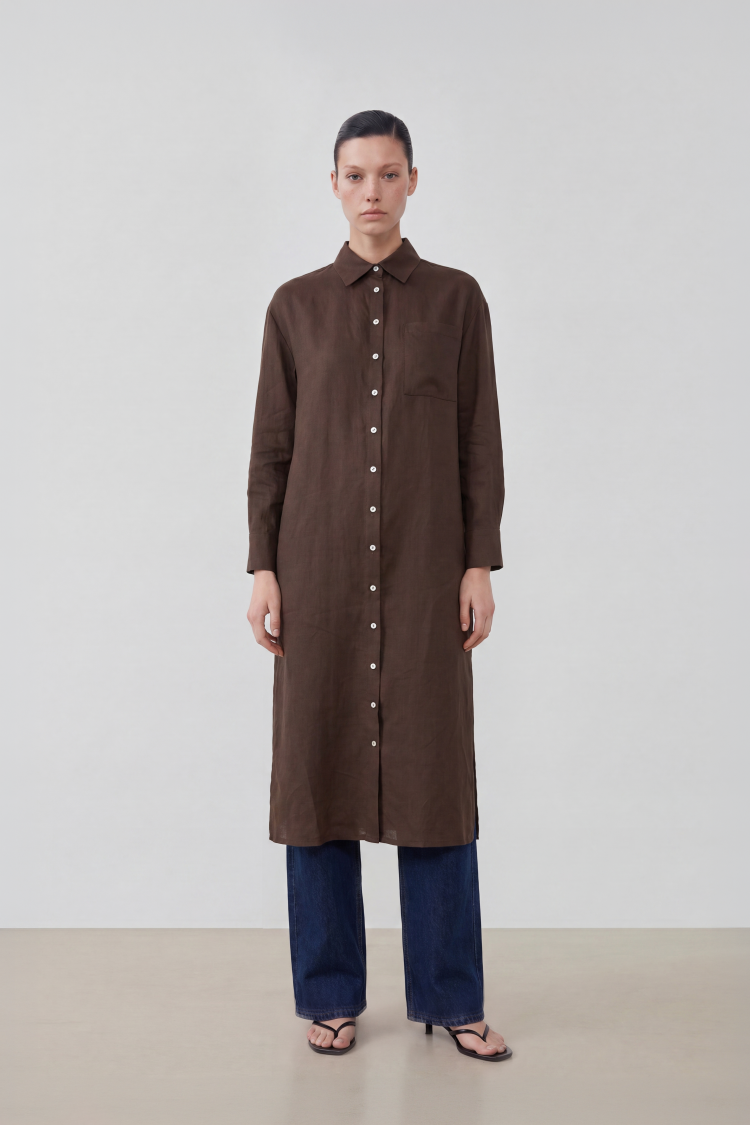 NATURAL %100 LINEN LONG SHIRT BROWN