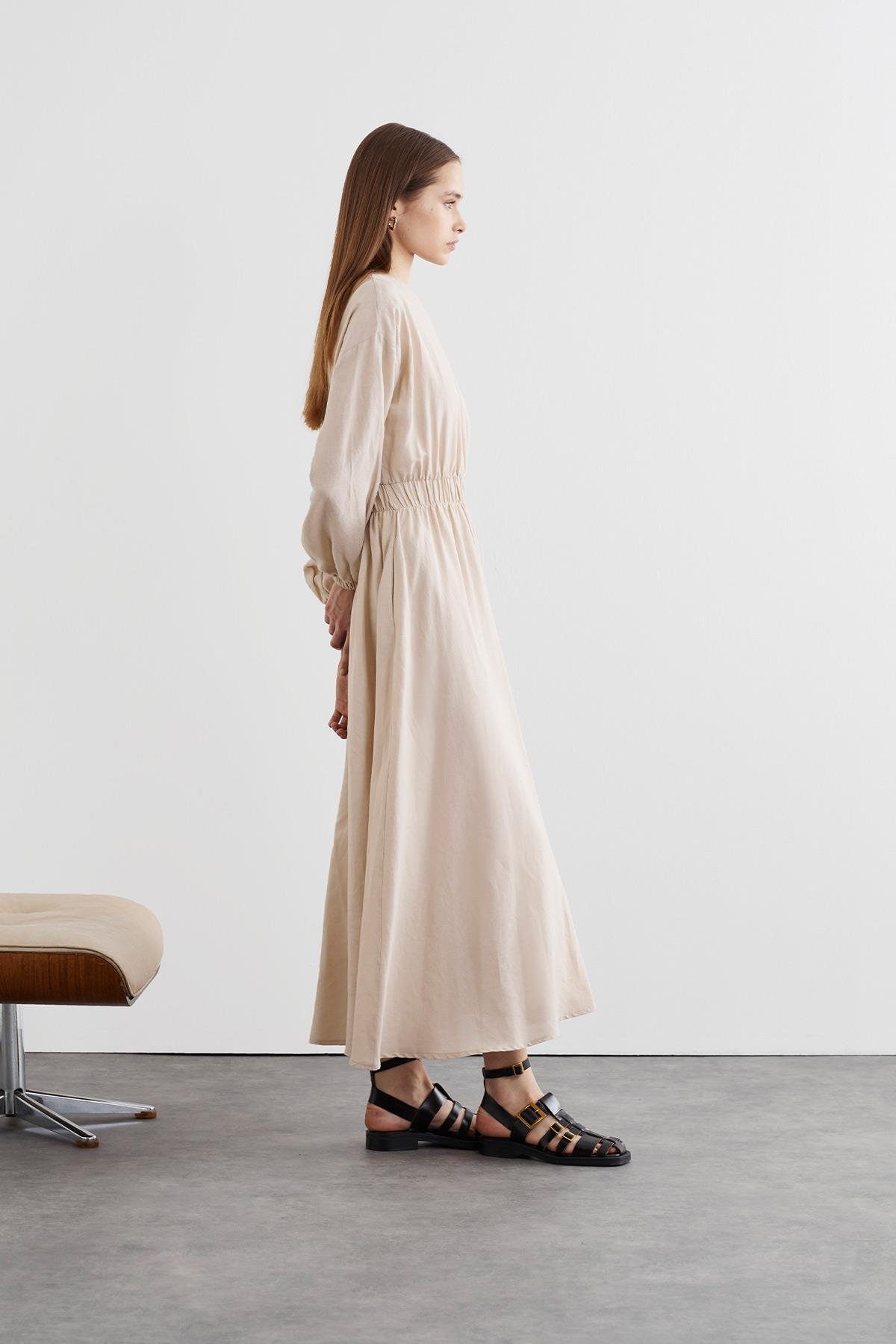 NATURAL LINEN Elastic Waist DRESS STONE