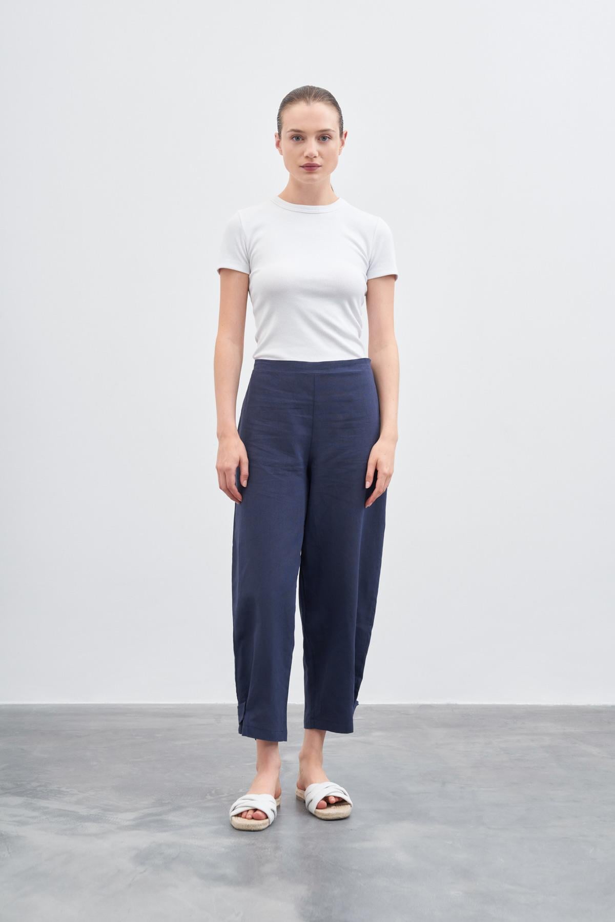 NATURAL KETEN PAÇA DETAYLI PANTOLON LACİVERT