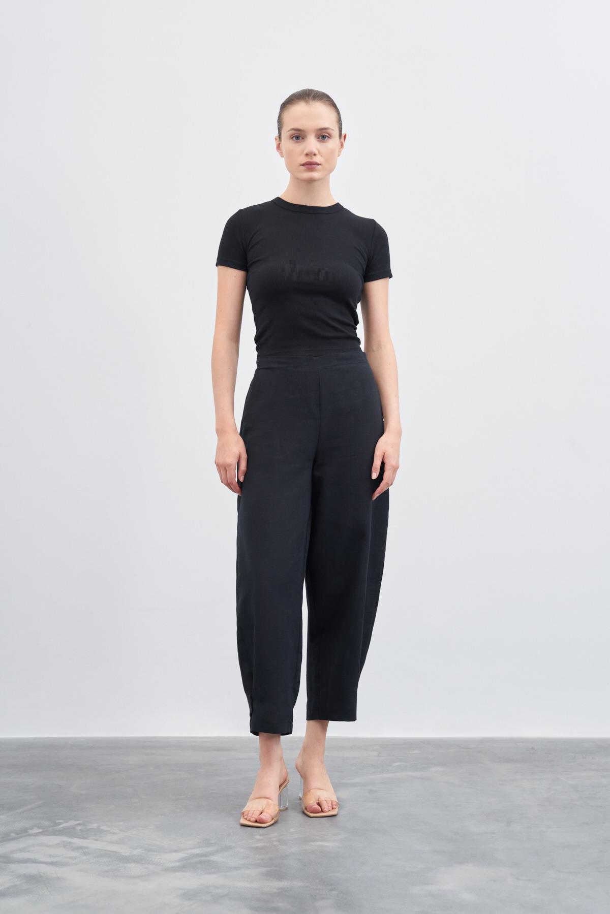 NATURAL KETEN PAÇA DETAYLI PANTOLON SİYAH