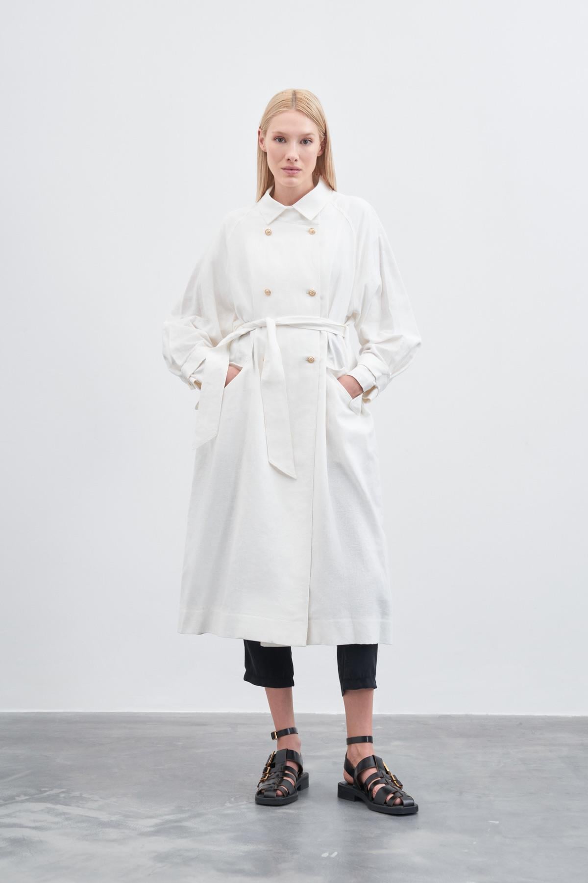 NATURAL LINEN TRENCH COAT ECRU
