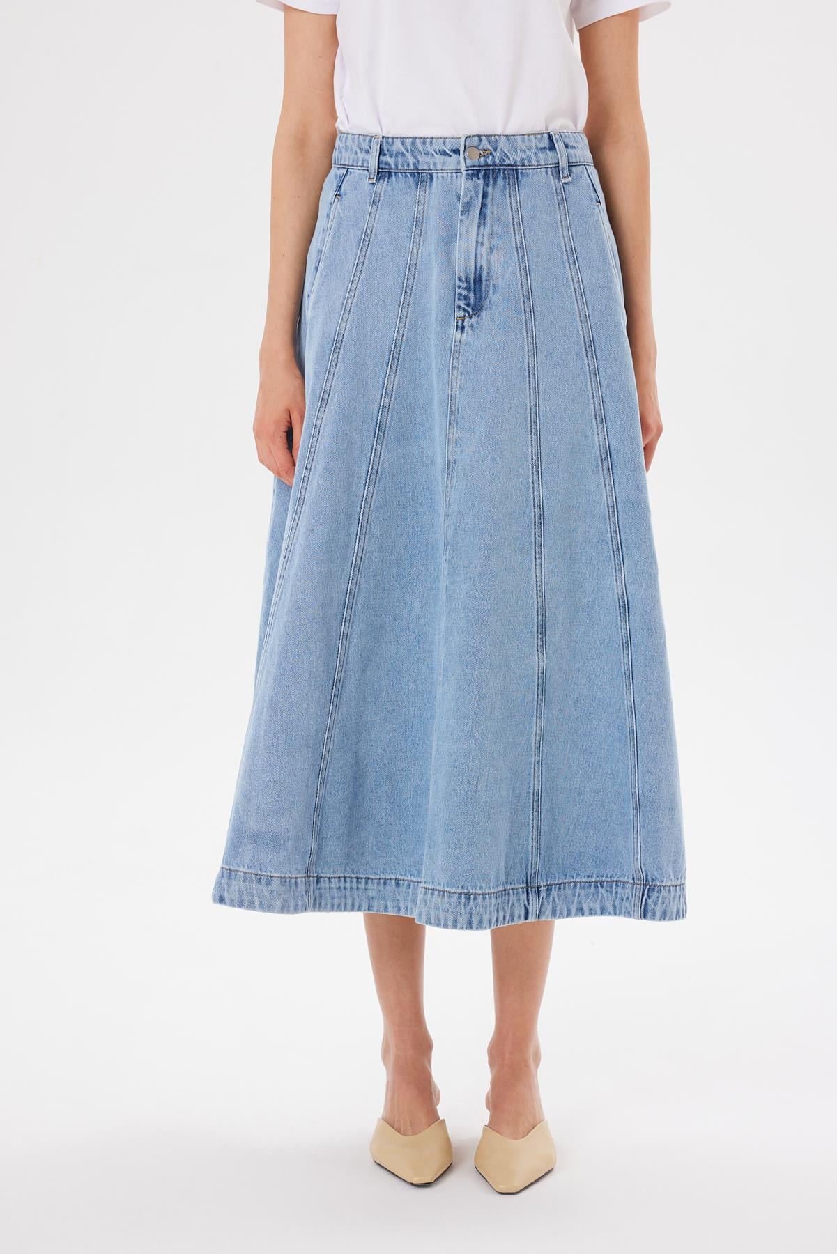 PARÇALI DENIM KOT ETEK MAVİ