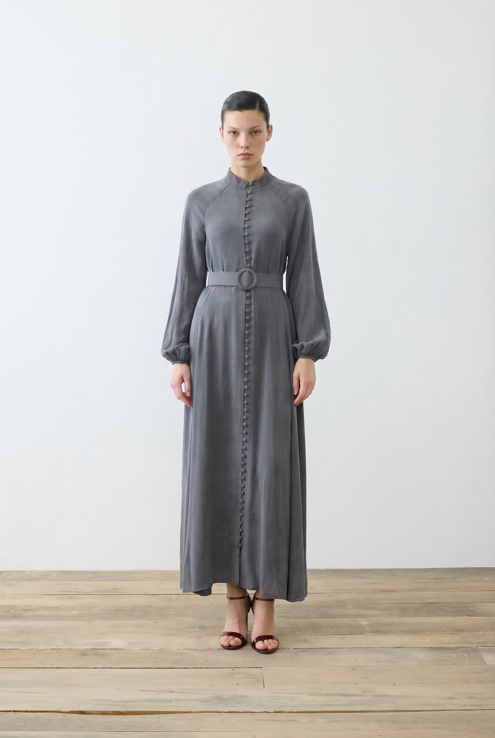 PRIME WASHED SILK BRIT BUTTONED DRESS ANTHRACITE