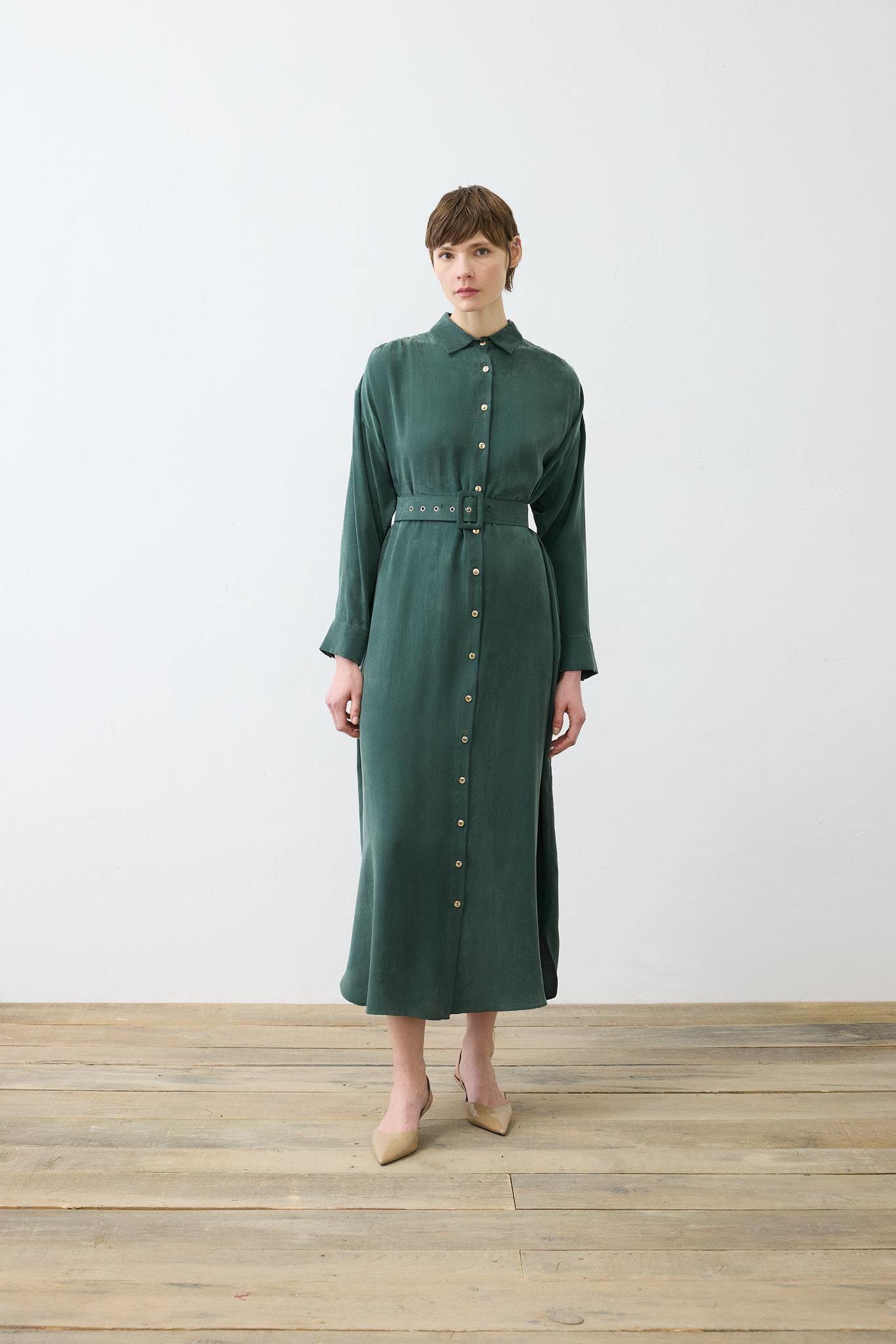 PRiME TAŞLANMIŞ İPEK GÖMLEK ELBİSE HAKİ