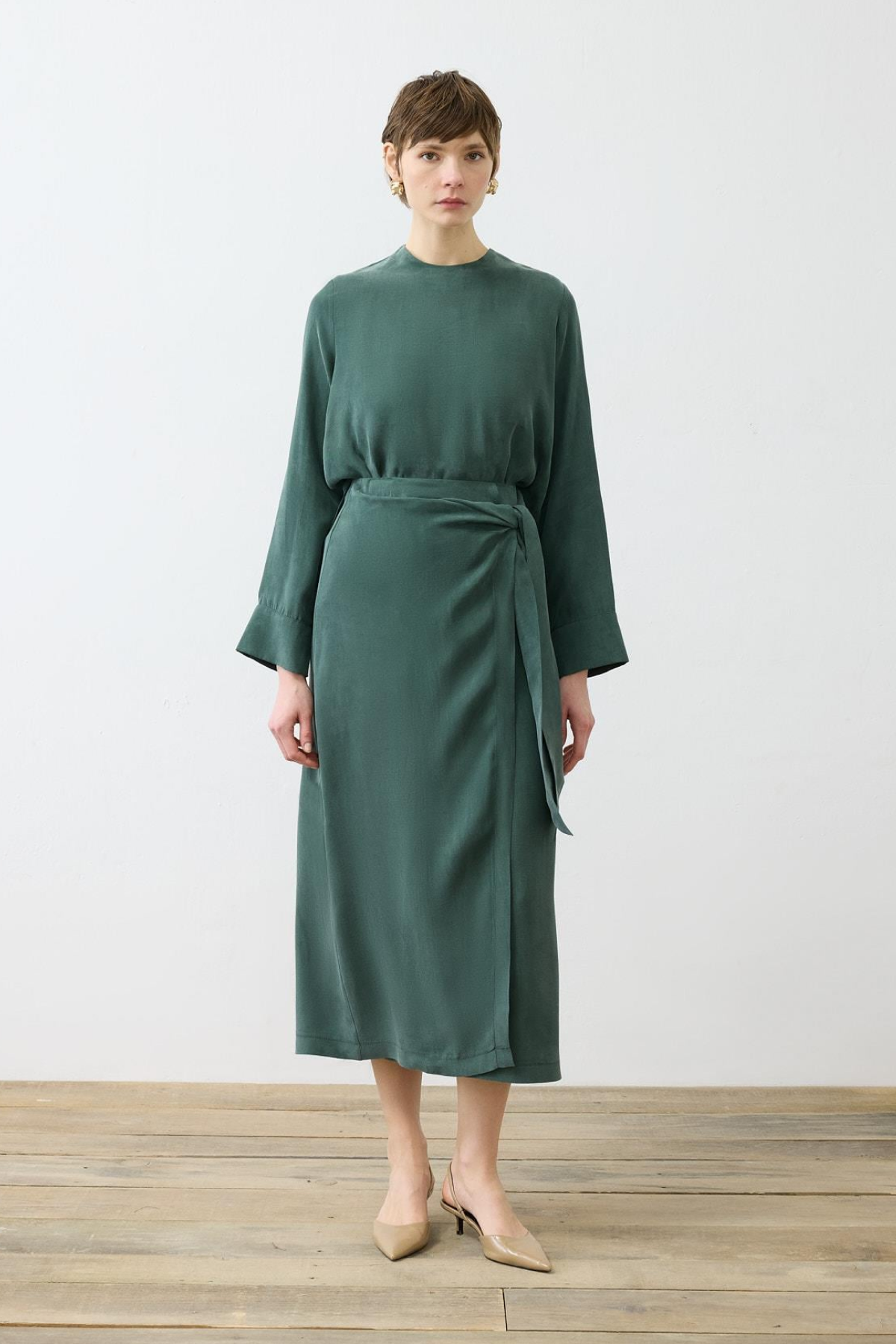 PRIME WASHED SILK DOUBLE BREASTED SKIRT SET KHAKI