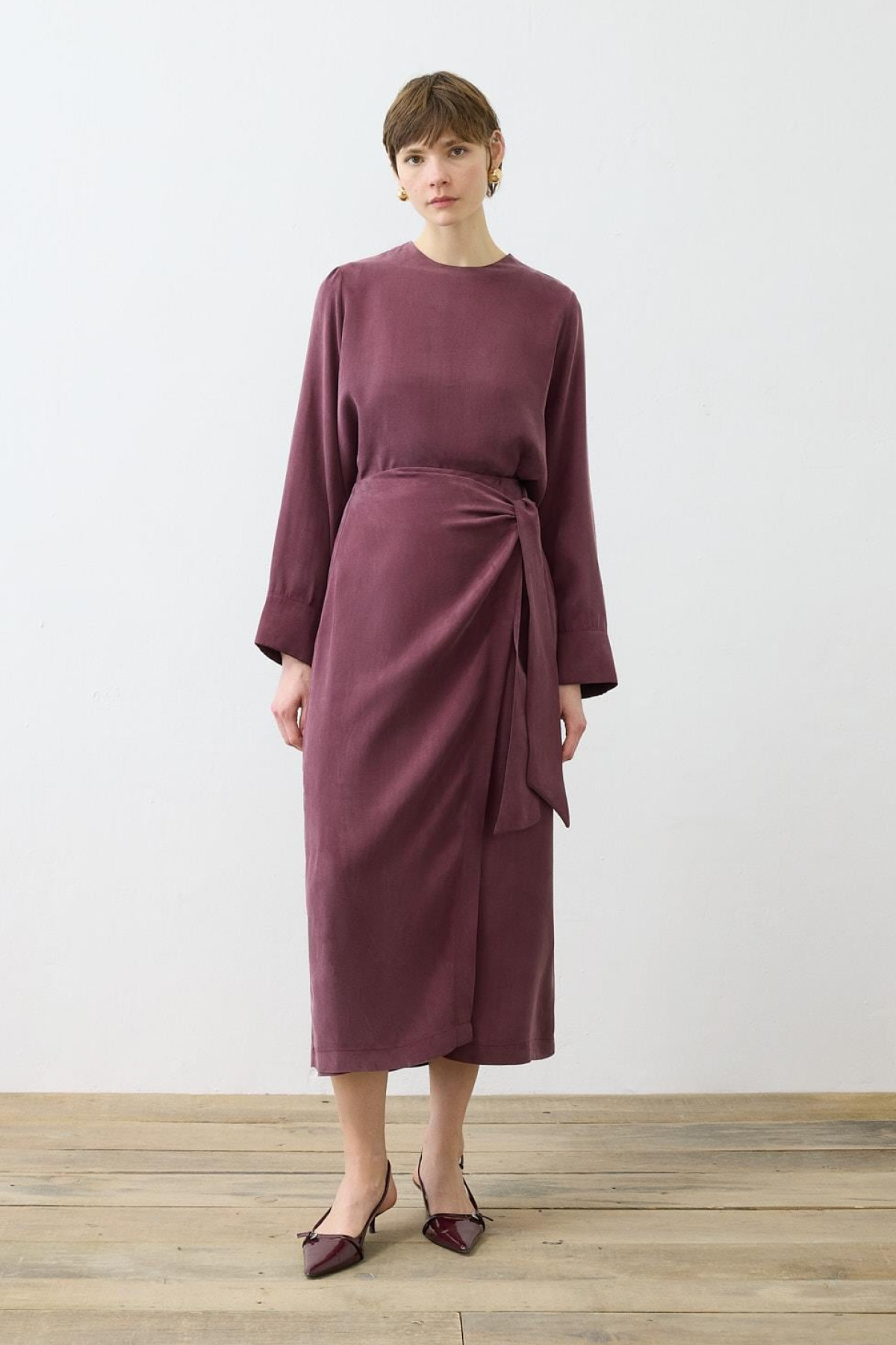 PRIME WASHED SILK DOUBLE BREASTED SKIRT SET BURGUNDY