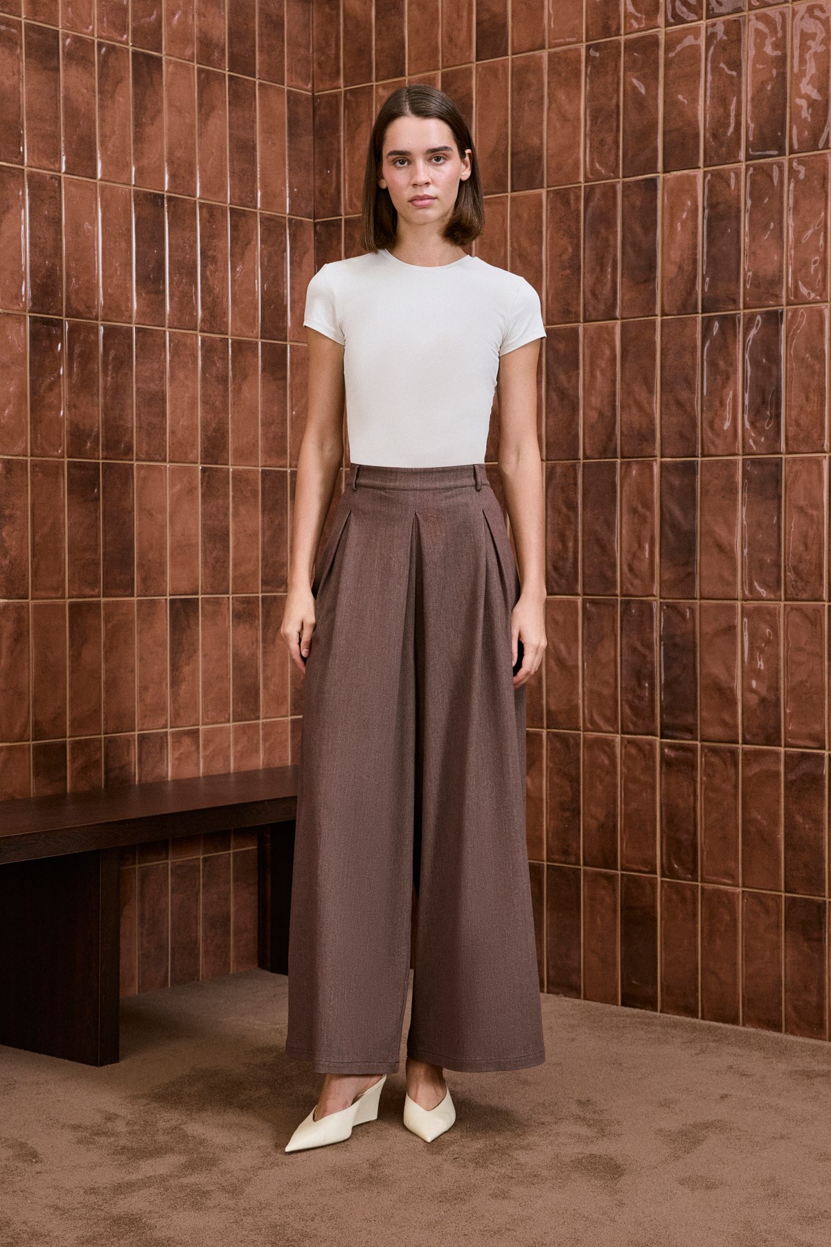 RAYON DENİM PİLE DETAY PANTOLON KAHVE