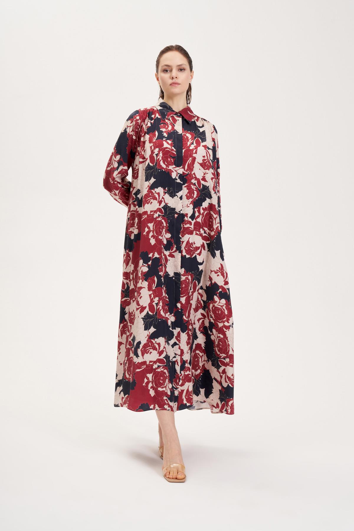 ROSE TAŞLANMIŞ İPEK DESENLİ ELBİSE BORDO