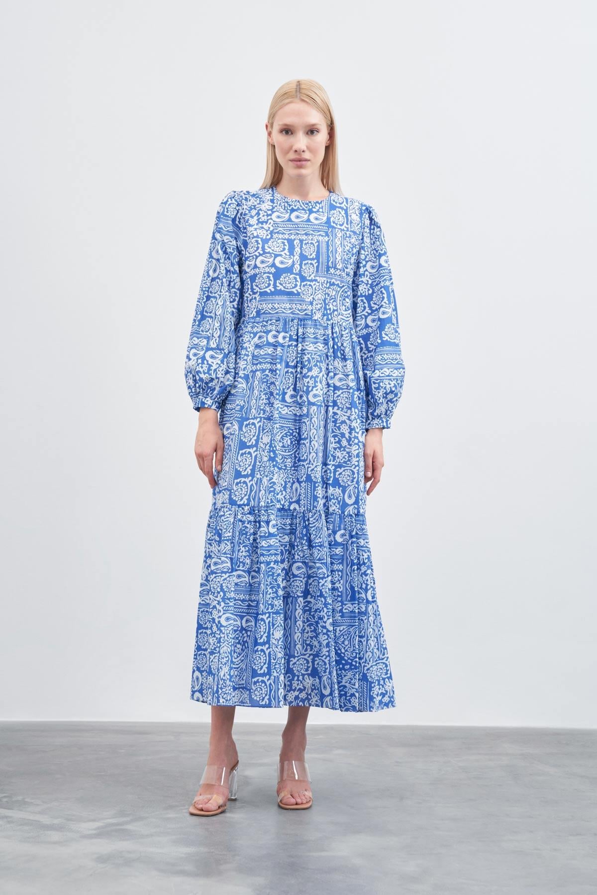 ROSSA PATTERNED VOAL SINGLE-LAYER DRESS BLUE