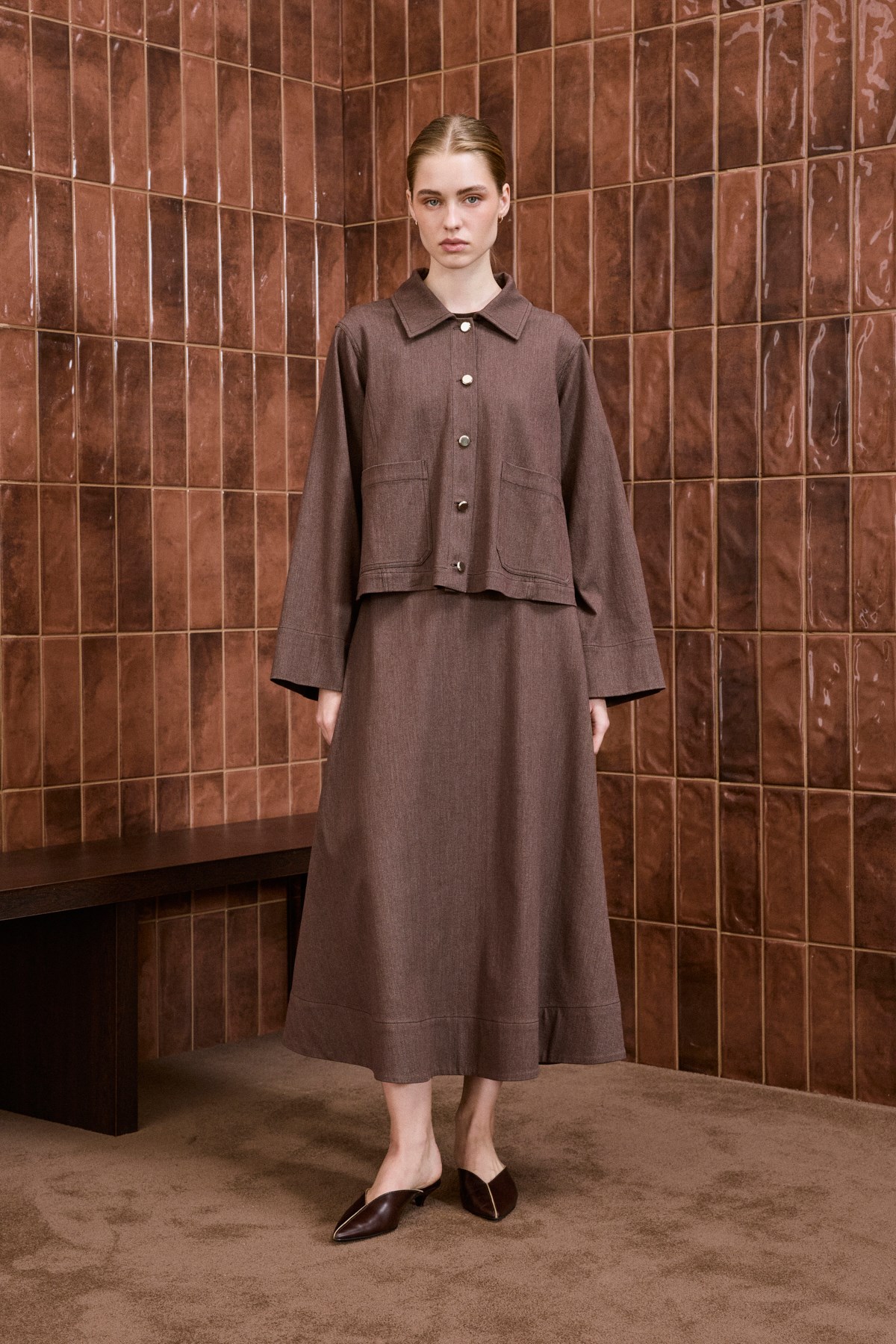 SAND RAYON DENİM KOT CEKET - ETEK TAKIM KAHVE