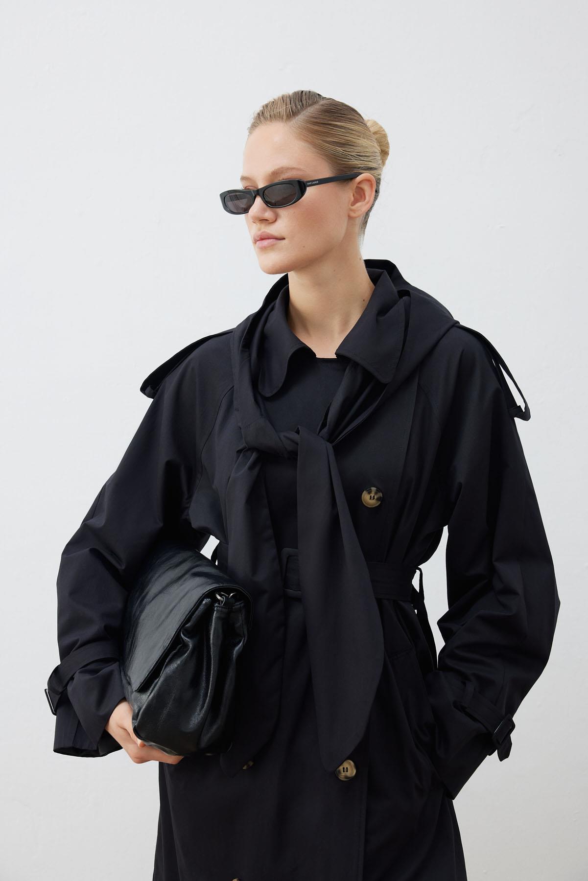 STONE KAPOŞON DETAYLI UZUN TRENÇKOT SİYAH