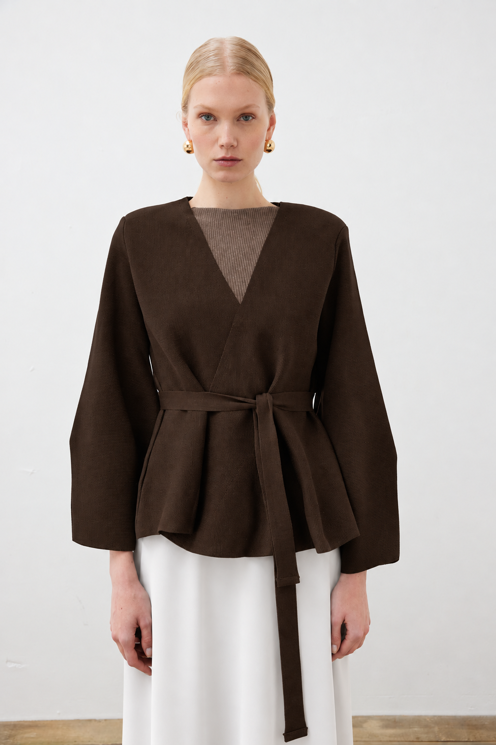 VERA ÇELİK ÖRME PEPLUM HIRKA KAHVE