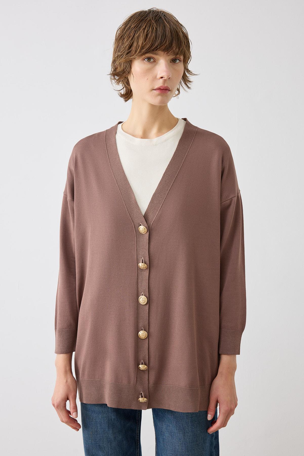 VOLETA MERCERIZED VISCOSE KNIT COLLEGE CARDIGAN BROWN