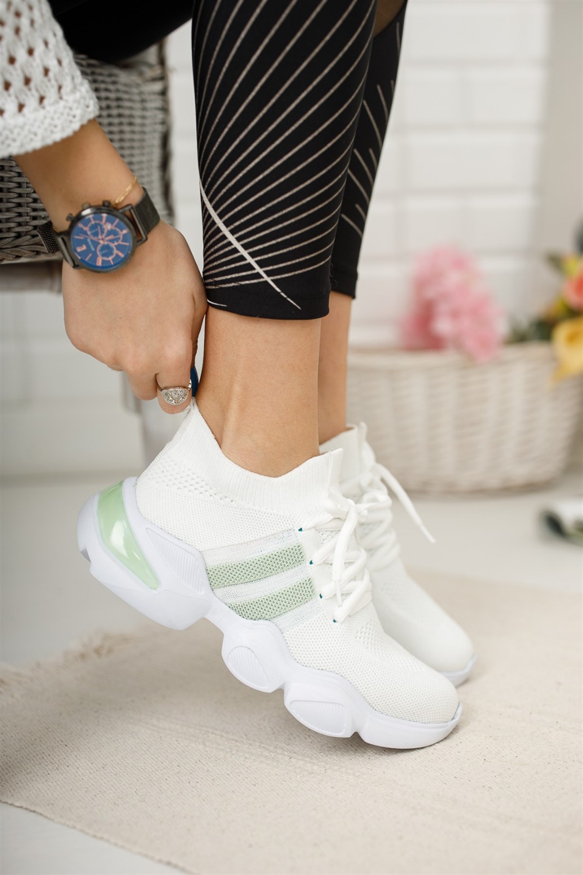 Kadın Beyaz Yeşil Sneaker Çorap Spor Ayakkabı Diva - Bitmedeniste.com