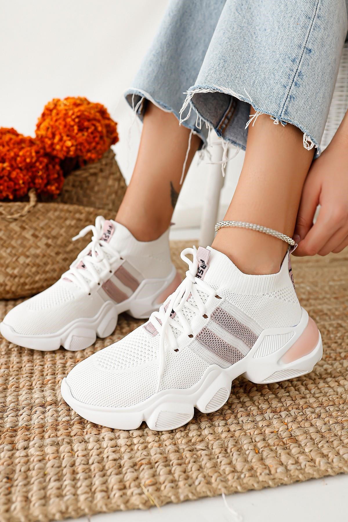 Kadın Beyaz Pudra Sneaker Çorap Spor Ayakkabı Diva - Bitmedeniste.com