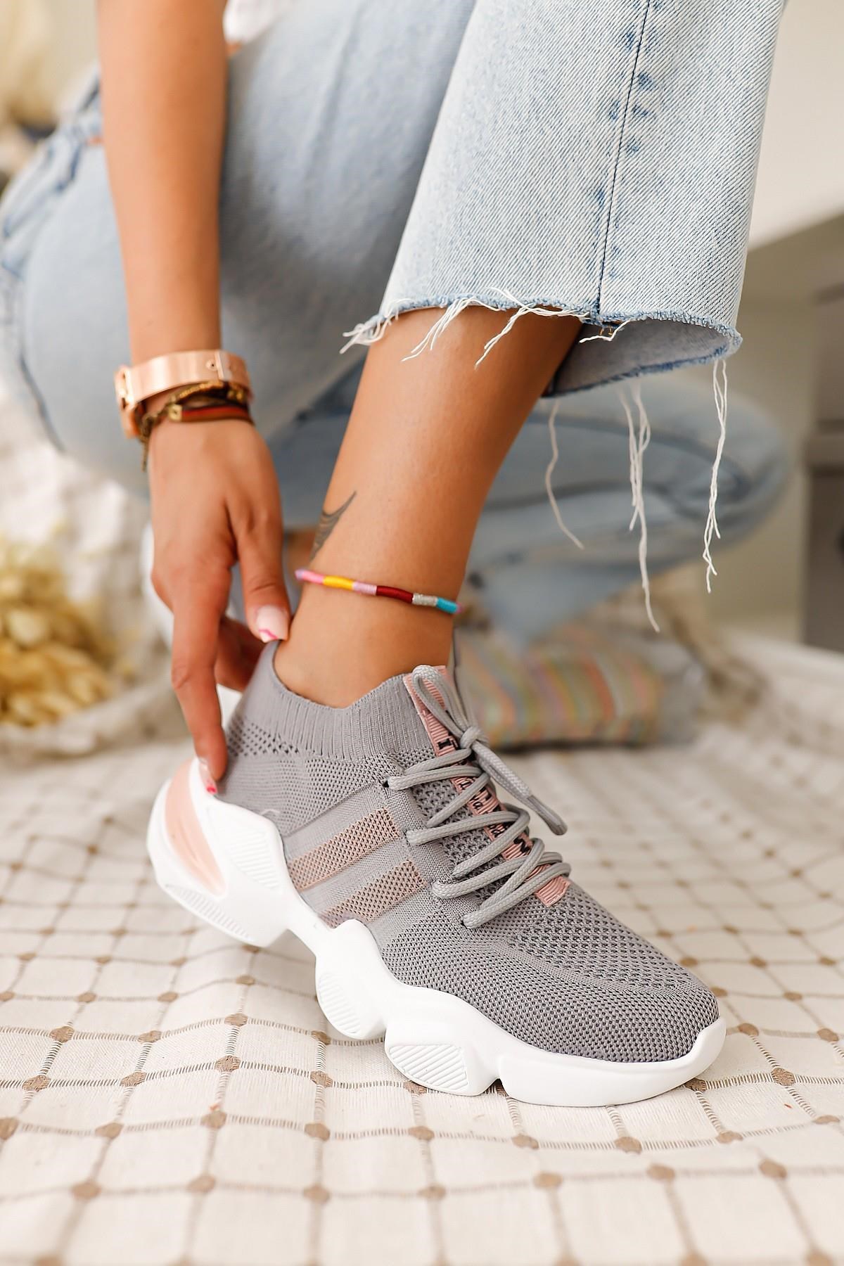 Kadın Gri Pudra Sneaker Çorap Spor Ayakkabı Diva - Bitmedeniste