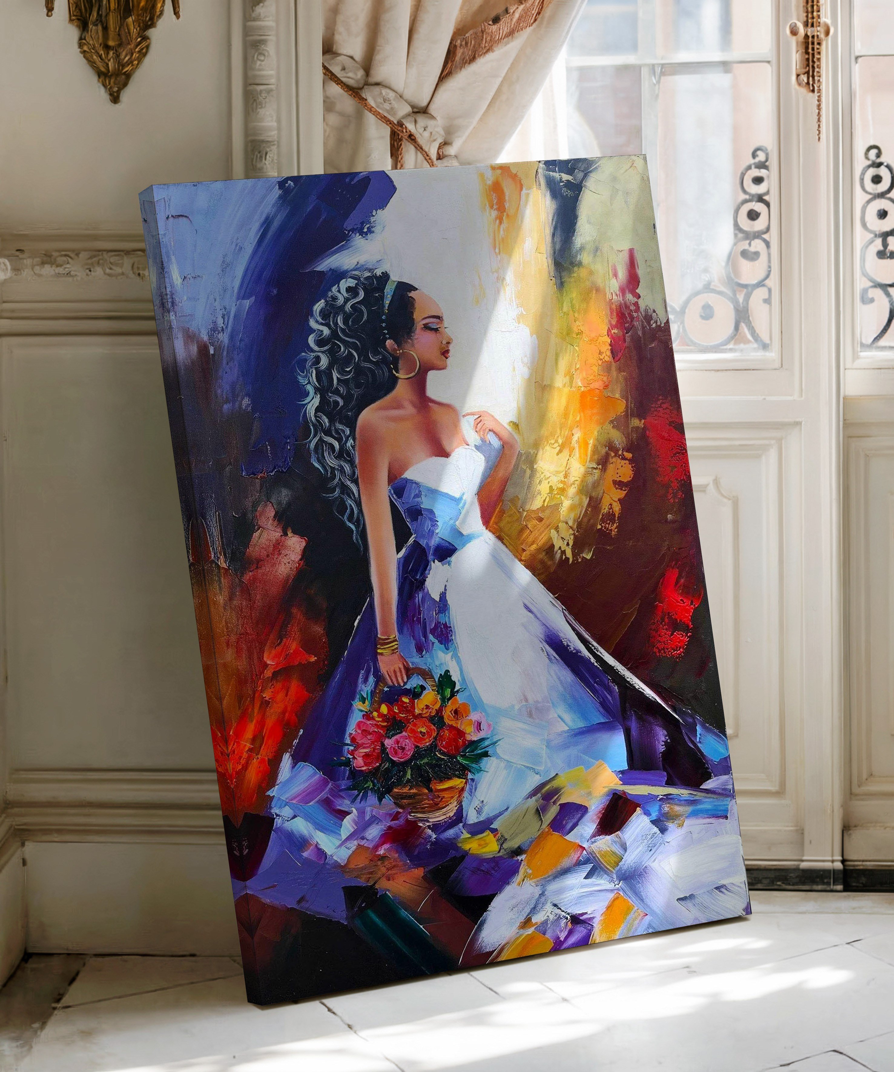 Elimde çiçek sepeti  | Yağlıboya dokulu canvas baskı
