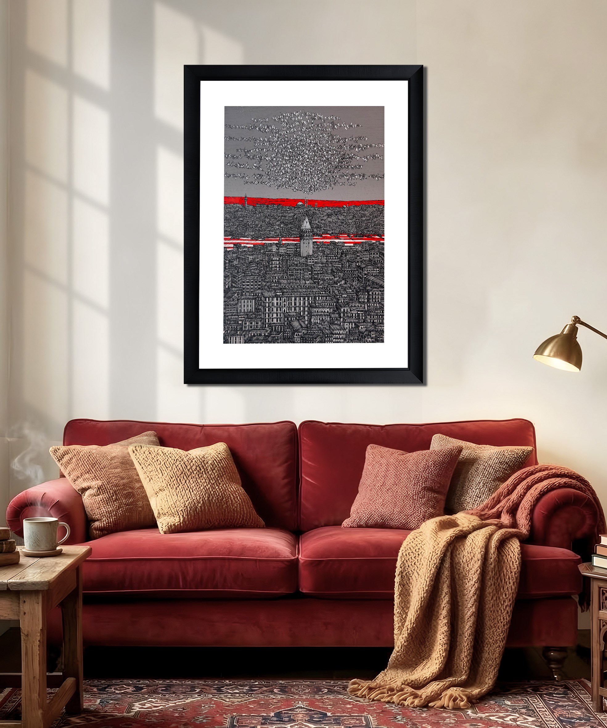 Gri Kırmızı İstanbul Galata ve Kuşlar 5/100  | DEVRİM ERBİL GICLÉE  BASKI