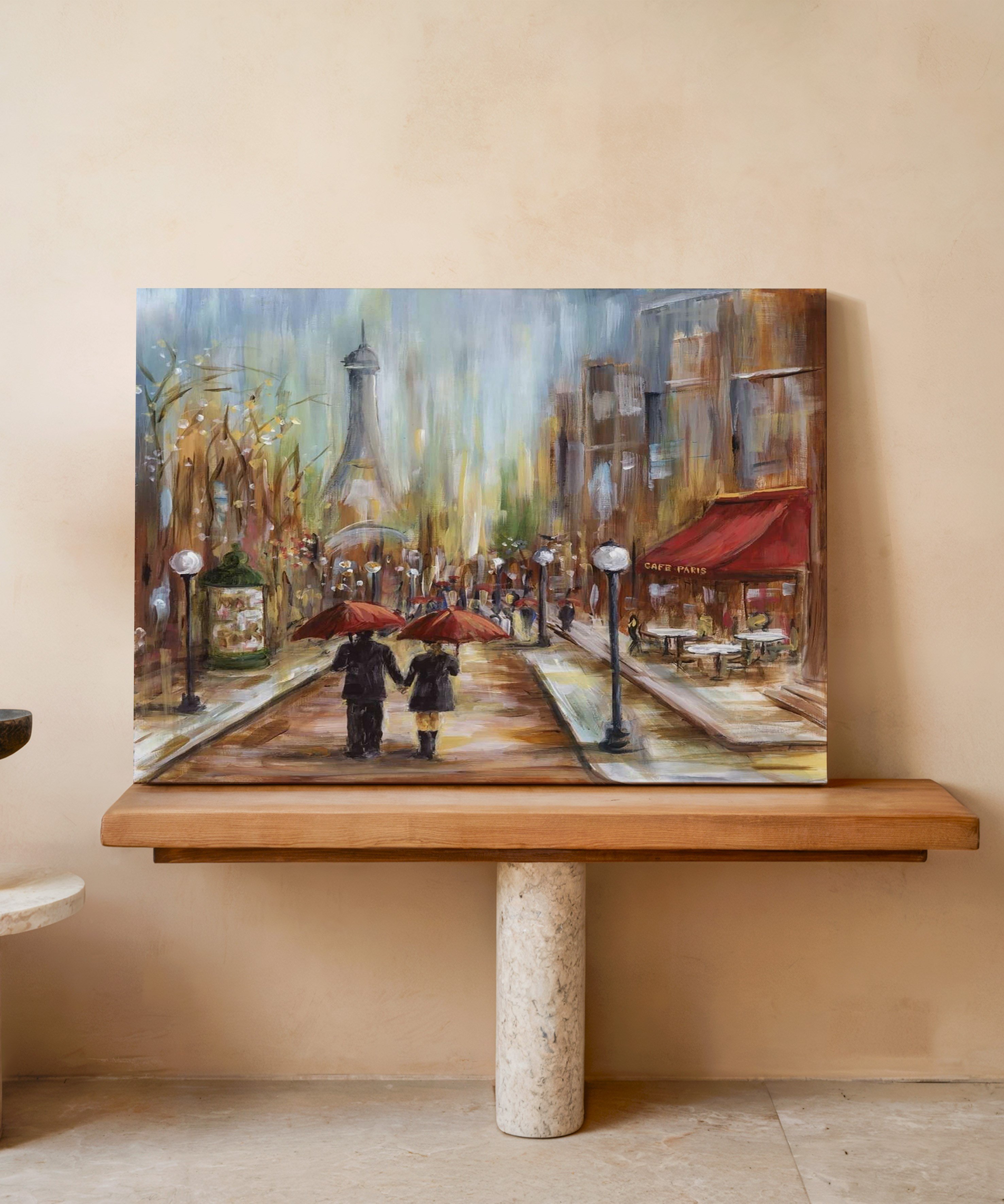 Paris'te Kırmızı Şemsiyeler | Yağlı Boya Dokulu Canvas Baskı