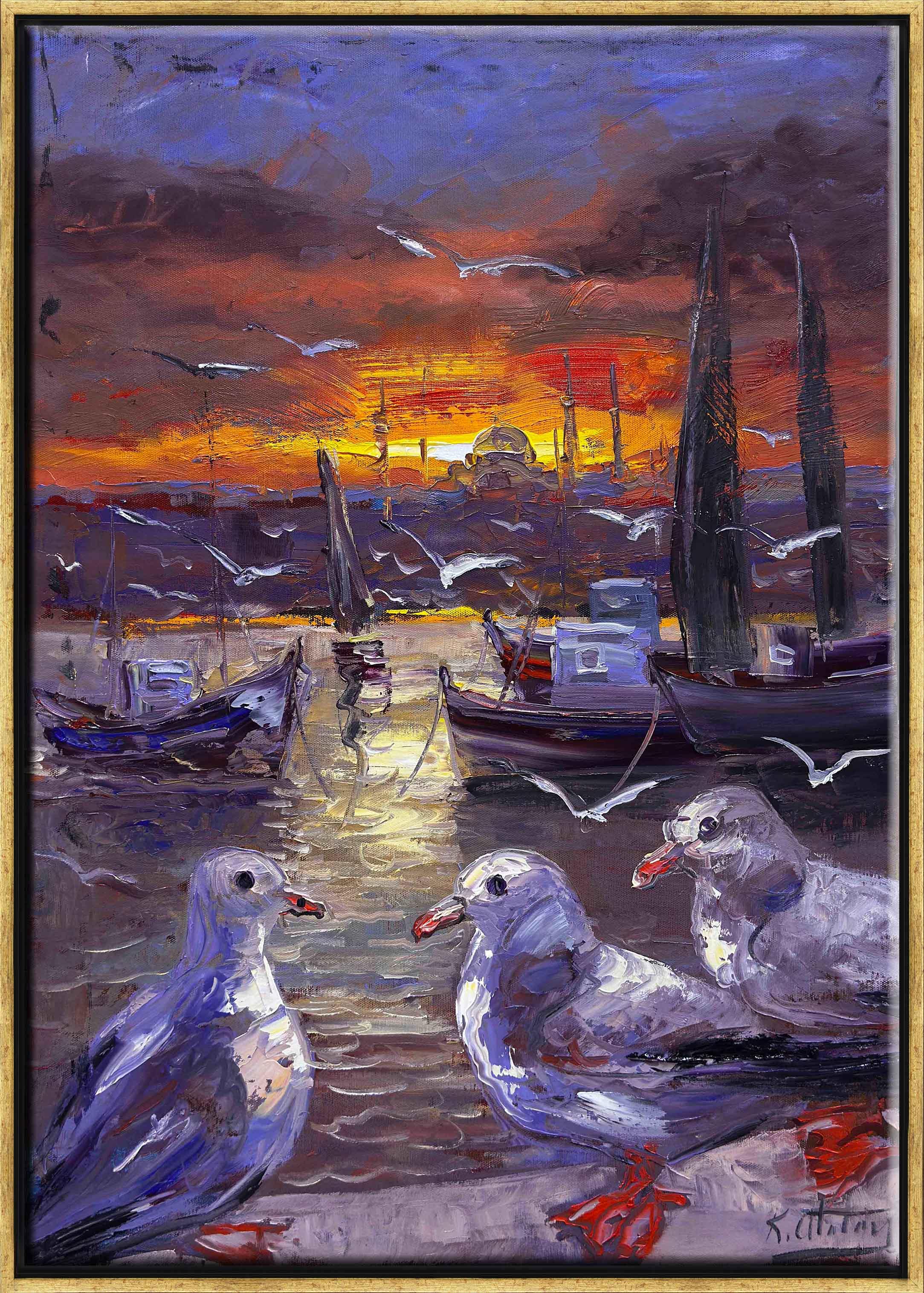 Sahil Boyundaki Güvercinler | Yağlı Boya Tablo