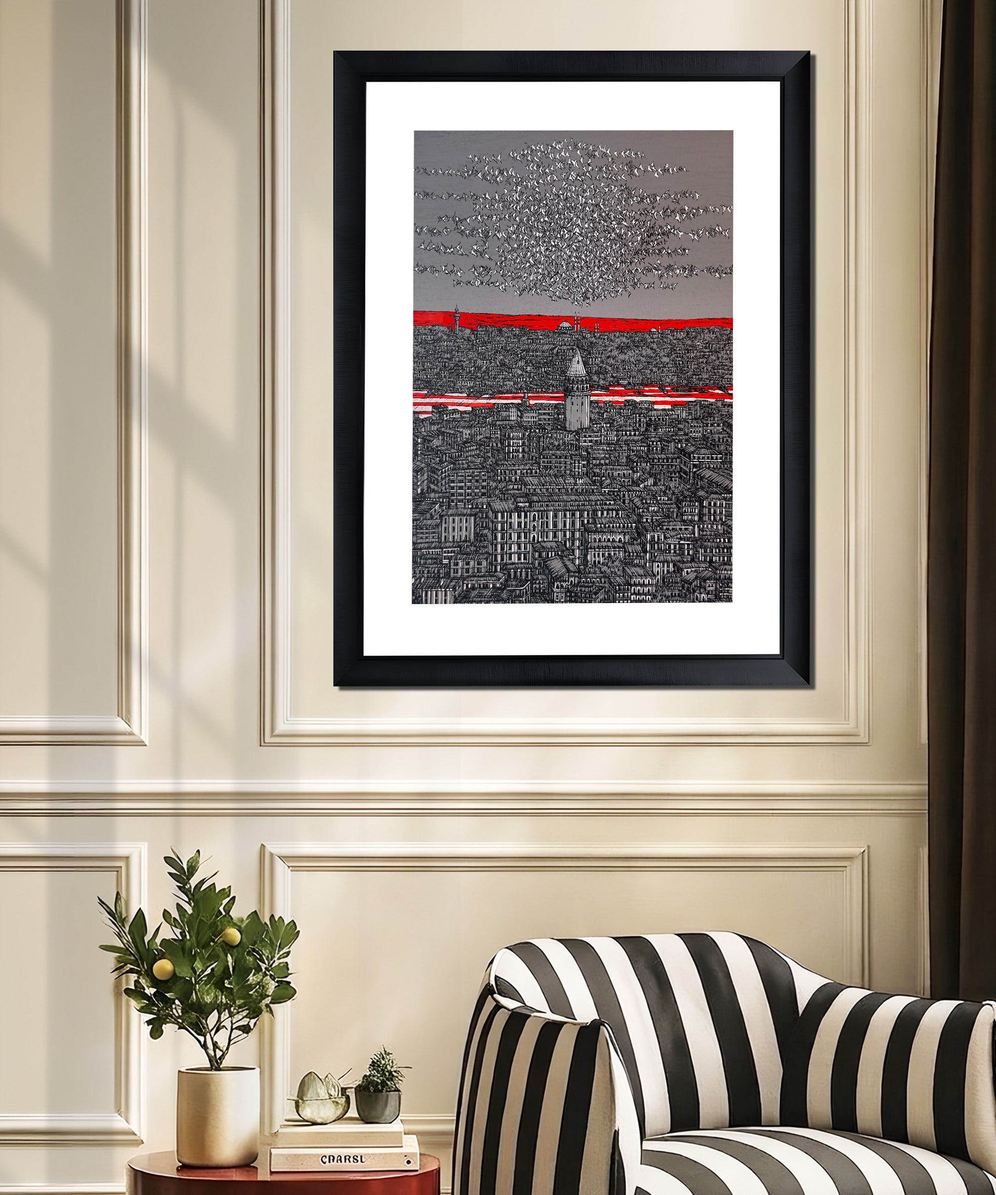 Gri Kırmızı İstanbul Galata ve Kuşlar 5/100  | DEVRİM ERBİL GICLÉE  BASKI
