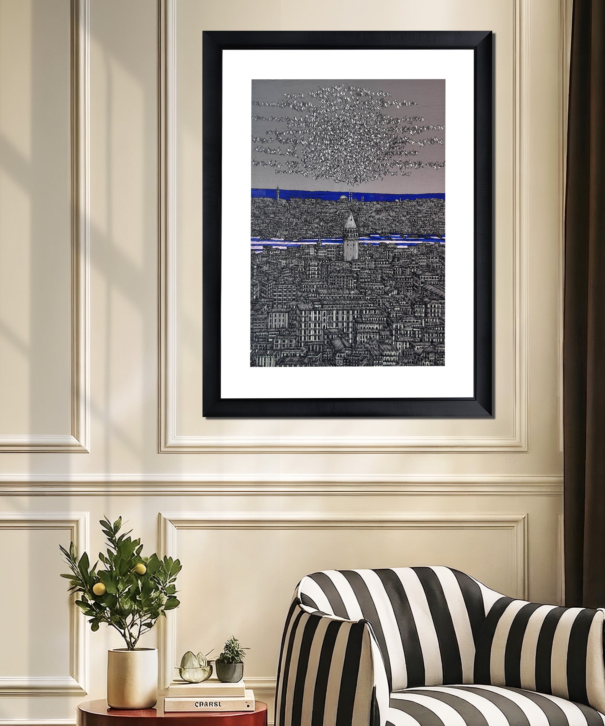 Gri Lacivert İstanbul Galata ve Kuşlar 3/100  | DEVRİM ERBİL GICLÉE  BASKI