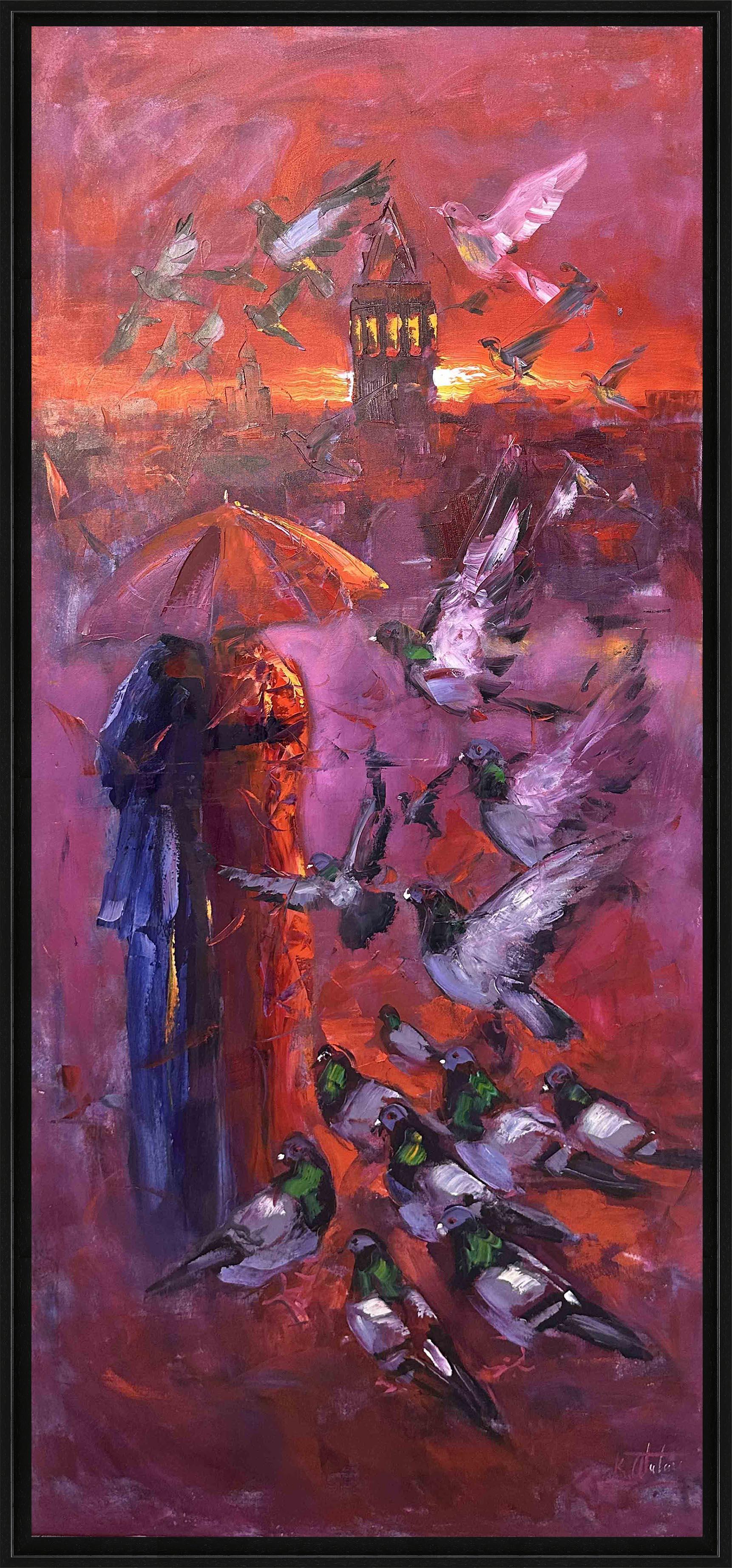 Kırmızı Zemin Ve İstanbul Romantizm  | Yağlı Boya Tablo 