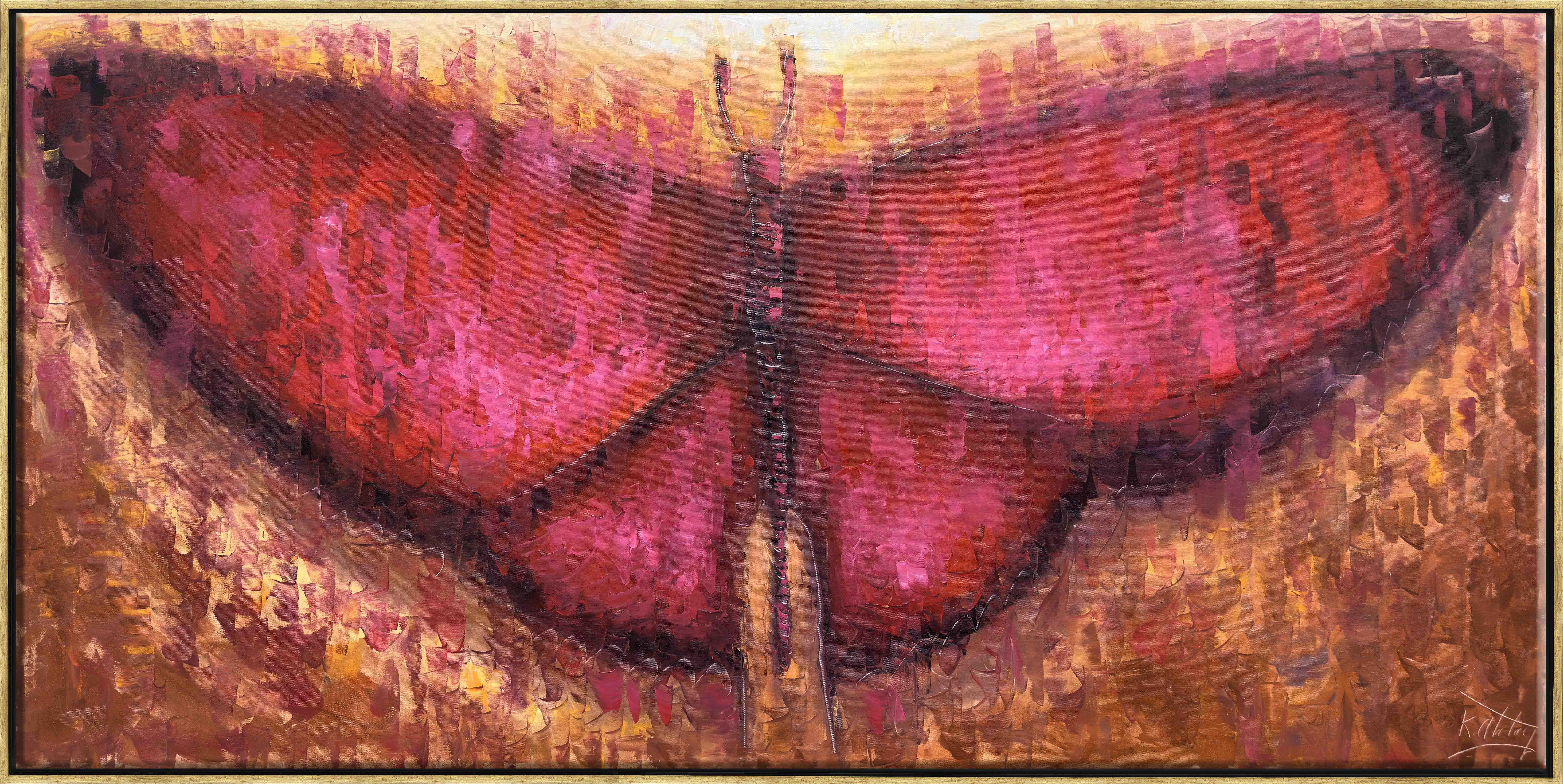 Kırmızı Zeminde Kelebekler | Yağlı Boya Tablo